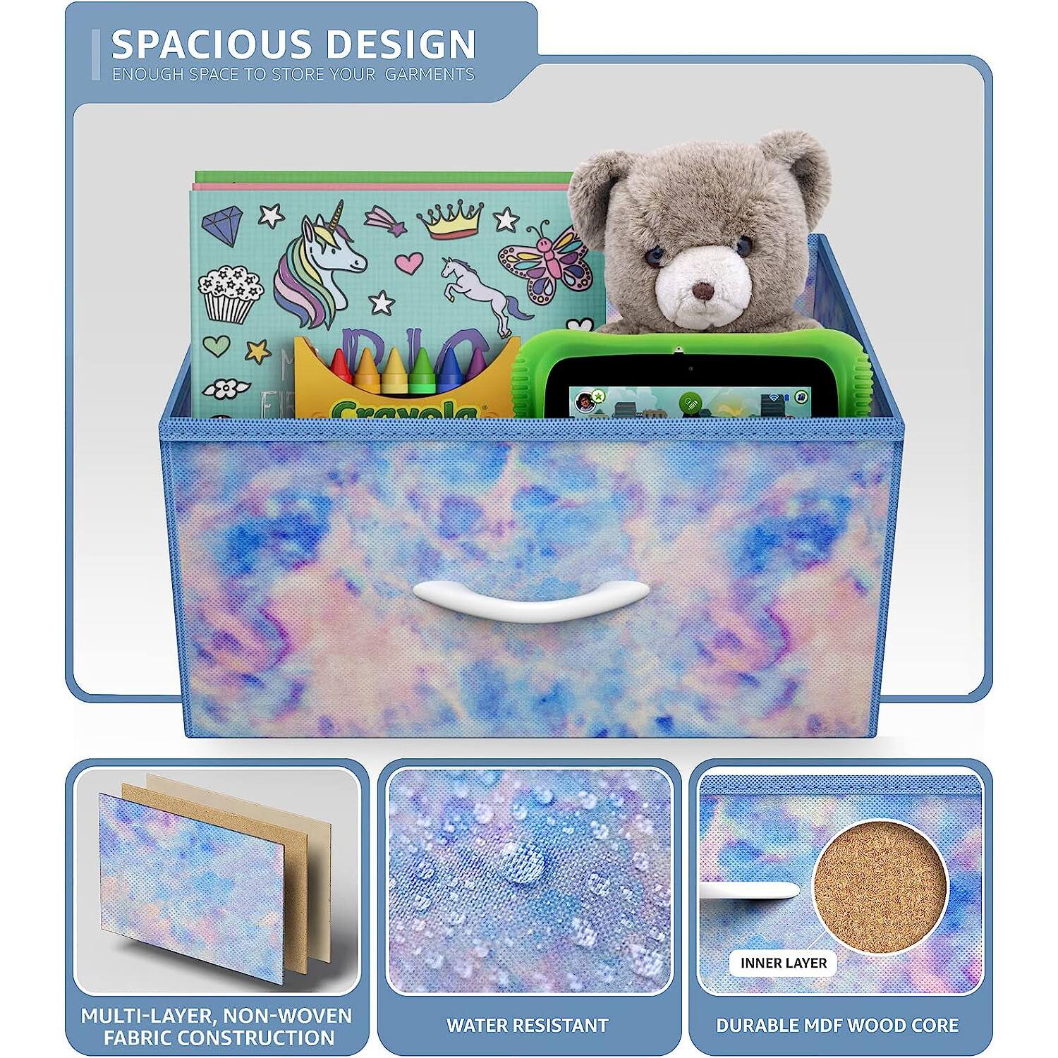 SPACIOUS DESIGN  
ENOUGH SPACE TO STORE YOUR GARMENTS  

MULTI-LAYER, NON-WOVEN FABRIC CONSTRUCTION  
WATER RESISTANT  
DURABLE MDF WOOD CORE