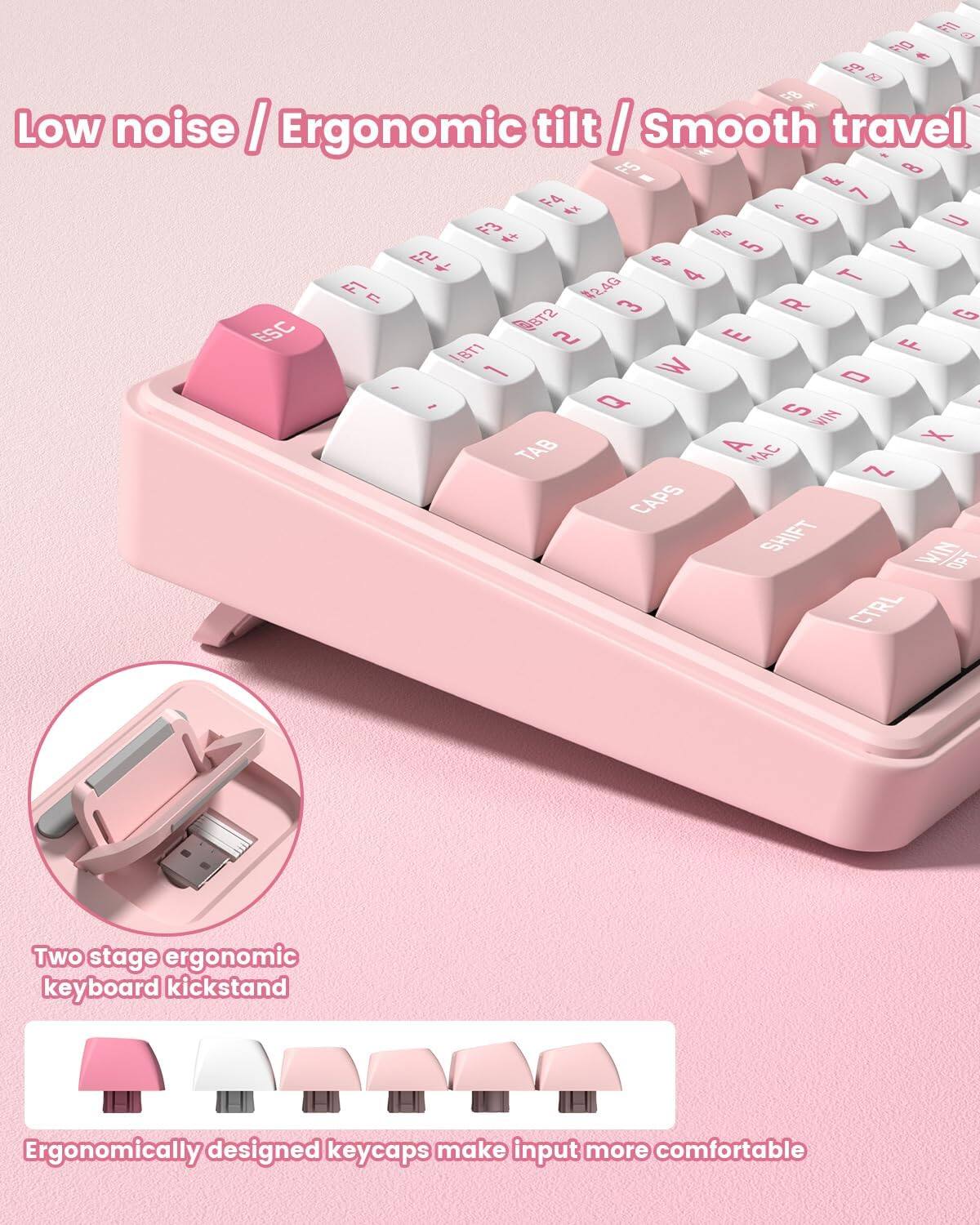 Low noise / Ergonomic tilt / Smooth travel

Two stage ergonomic keyboard kickstand

Ergonomically designed keycaps make input more comfortable