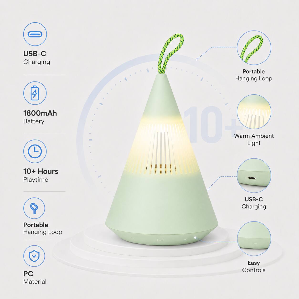 USB-C Charging Portable Hanging Loop 1800mAh Battery 10+ Hours Playtime USB-C Charging Portable Hanging Loop PC Material Easy Controls