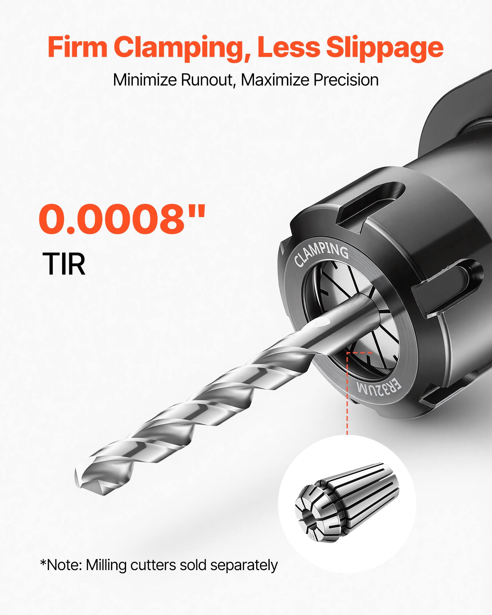 Firm Clamping, Less Slippage  
Minimize Runout, Maximize Precision  
0.0008" TIR  
CLAMPING  
*Note: Milling cutters sold separately
