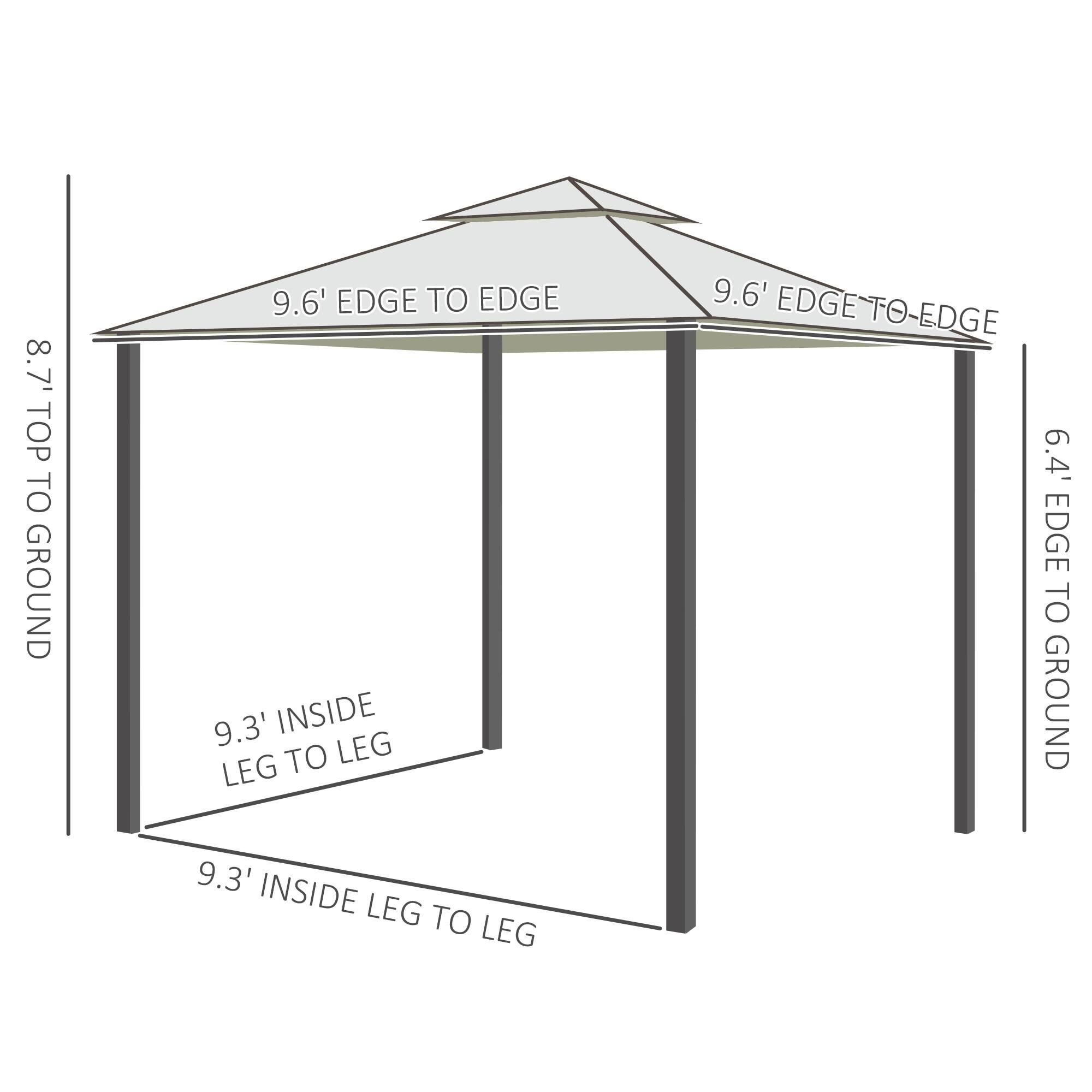 8.7' TOP TO GROUND, 9.6' EDGE TO EDGE, 9.3' INSIDE LEG TO LEG, 9.3' INSIDE LEG TO LEG, 9.6' EDGE TO EDGE, 6.4' EDGE TO GROUND