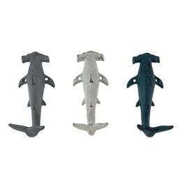 Zeckos - Hammerhead Shark Wall Hooks Set – Cast Iron Nautical Decor, 5 Inches High - Multicolored