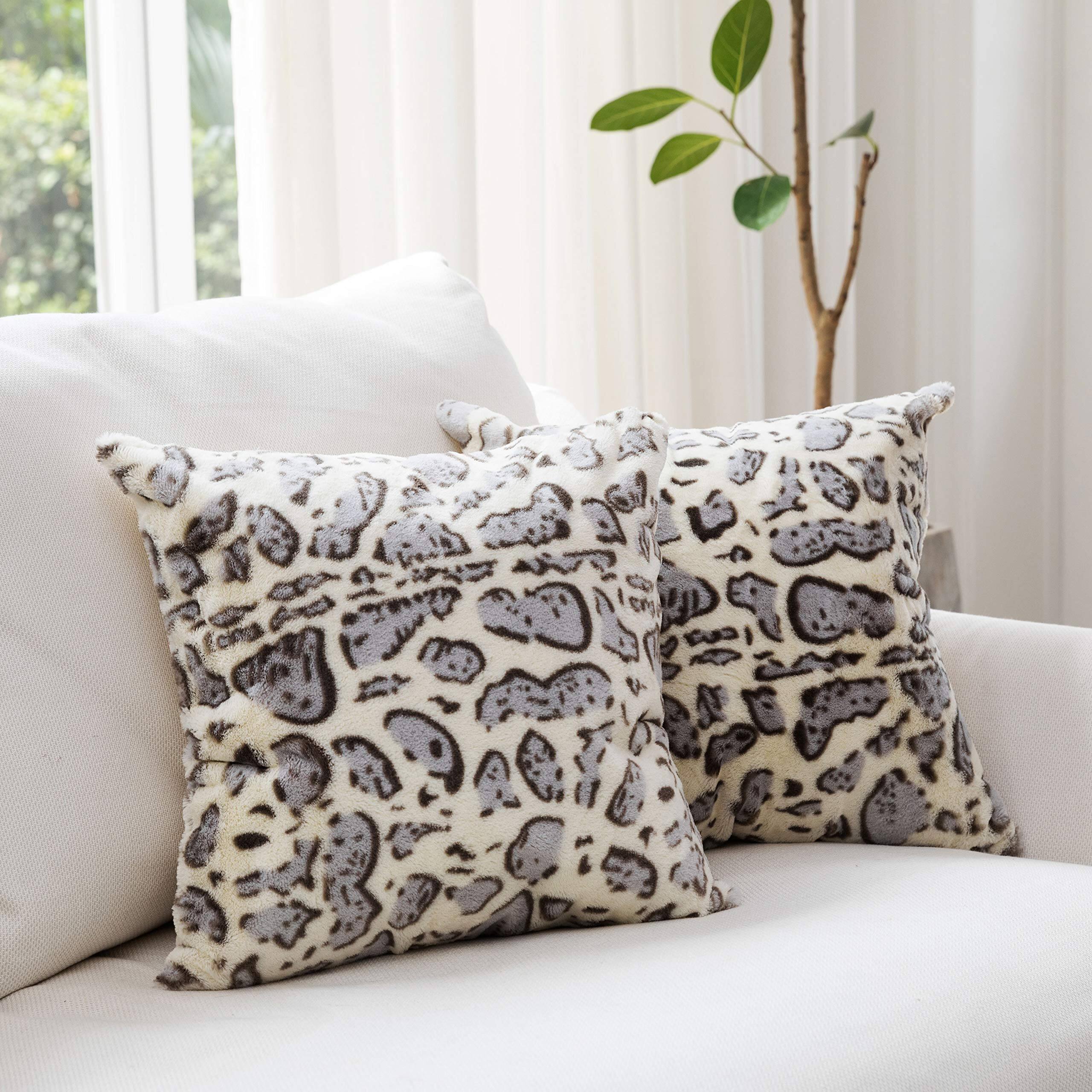Front. Cheer Collection - Set of 2 Snow Leopard Print Throw Pillows - Soft Velvety Faux Fur Decorative Couch Pillows, 18" x 18" - Snow Leopard.