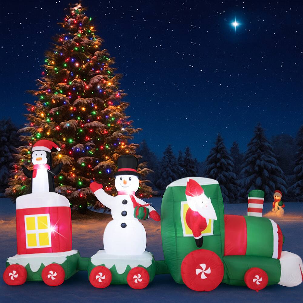 BreeBe - 11.5FT Inflatable Christmas Train Decoration with Santa Claus Driving Blow-Up Train - Multicolor