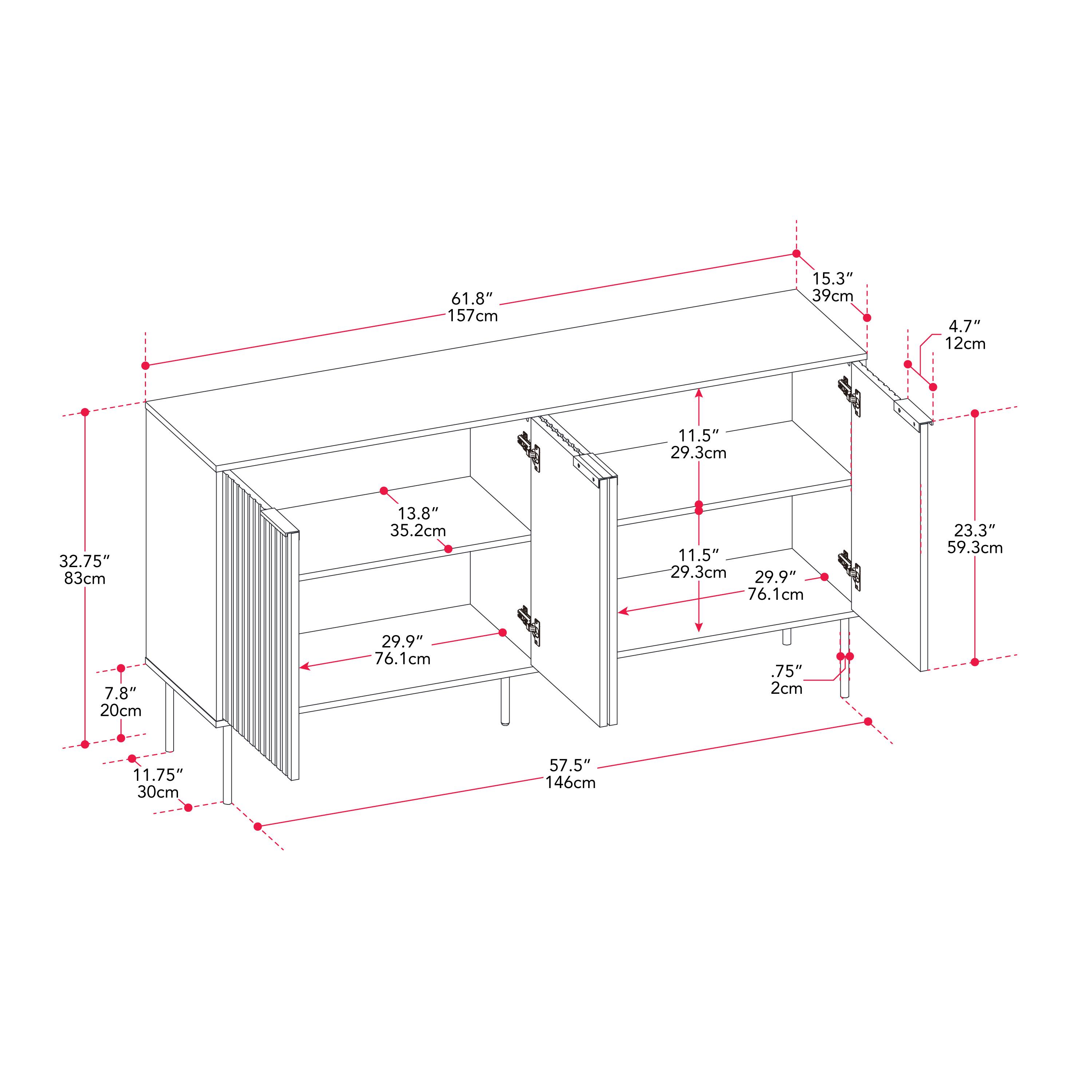 The image shows a desk with measurements and dimensions labeled on it. The desk is 61.8" (157cm) long, 15.3" (39cm) wide, and 4.7" (12cm) tall. The top of the desk is 32.75" (83cm) wide and 11.5" (29.3cm) deep. The desk has a shelf that is 11.5" (29.3cm) deep and 75" (2cm) tall. The shelf is also 29.9" (76.1cm) wide. The desk is designed to be 75" (2cm) tall, 23.3" (59.3cm) wide, and 7.8" (20cm) deep.