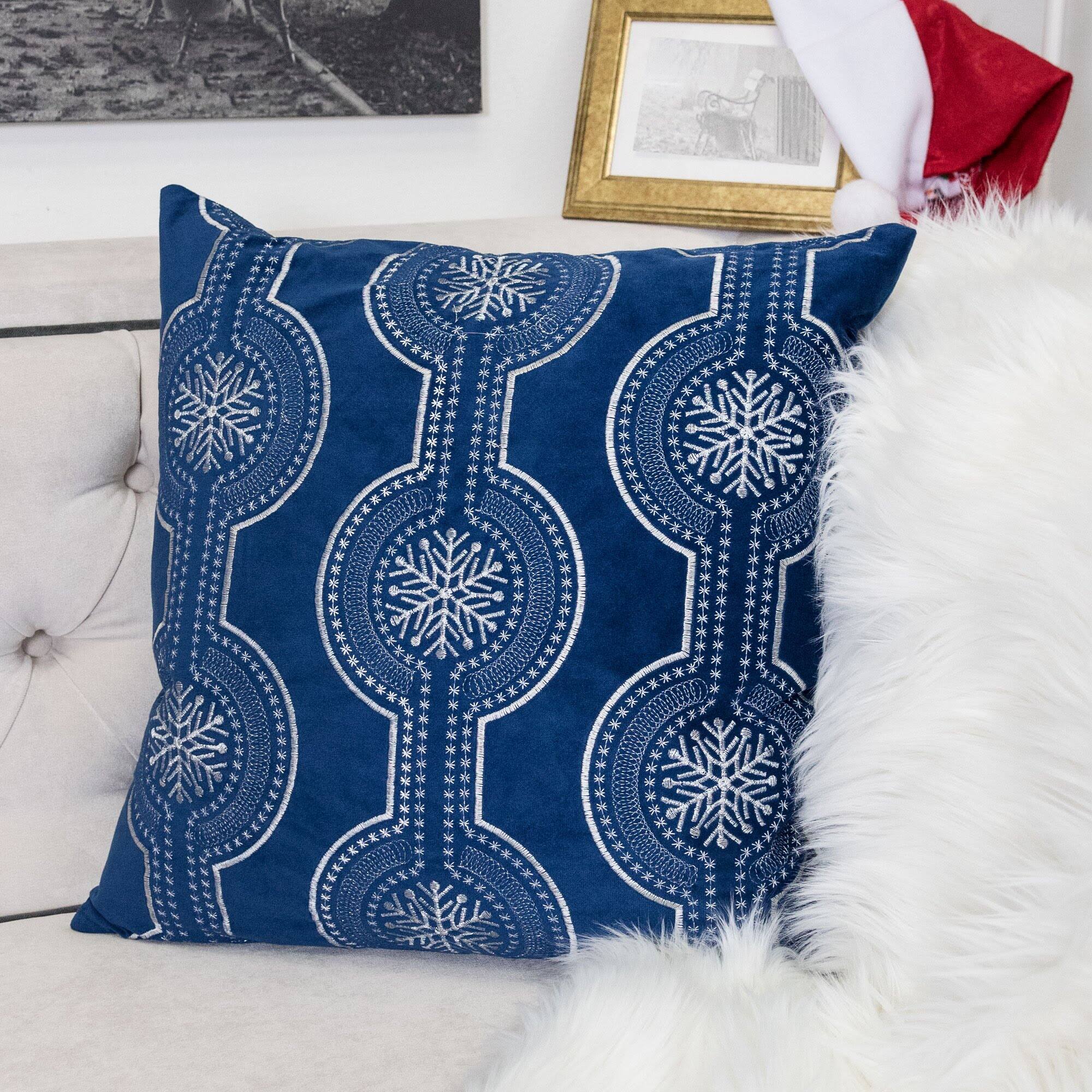 Left. TinyHomie - Holiday Blue Velvet Throw Pillow White Snowflake Embroidery 20x20 - Blue.