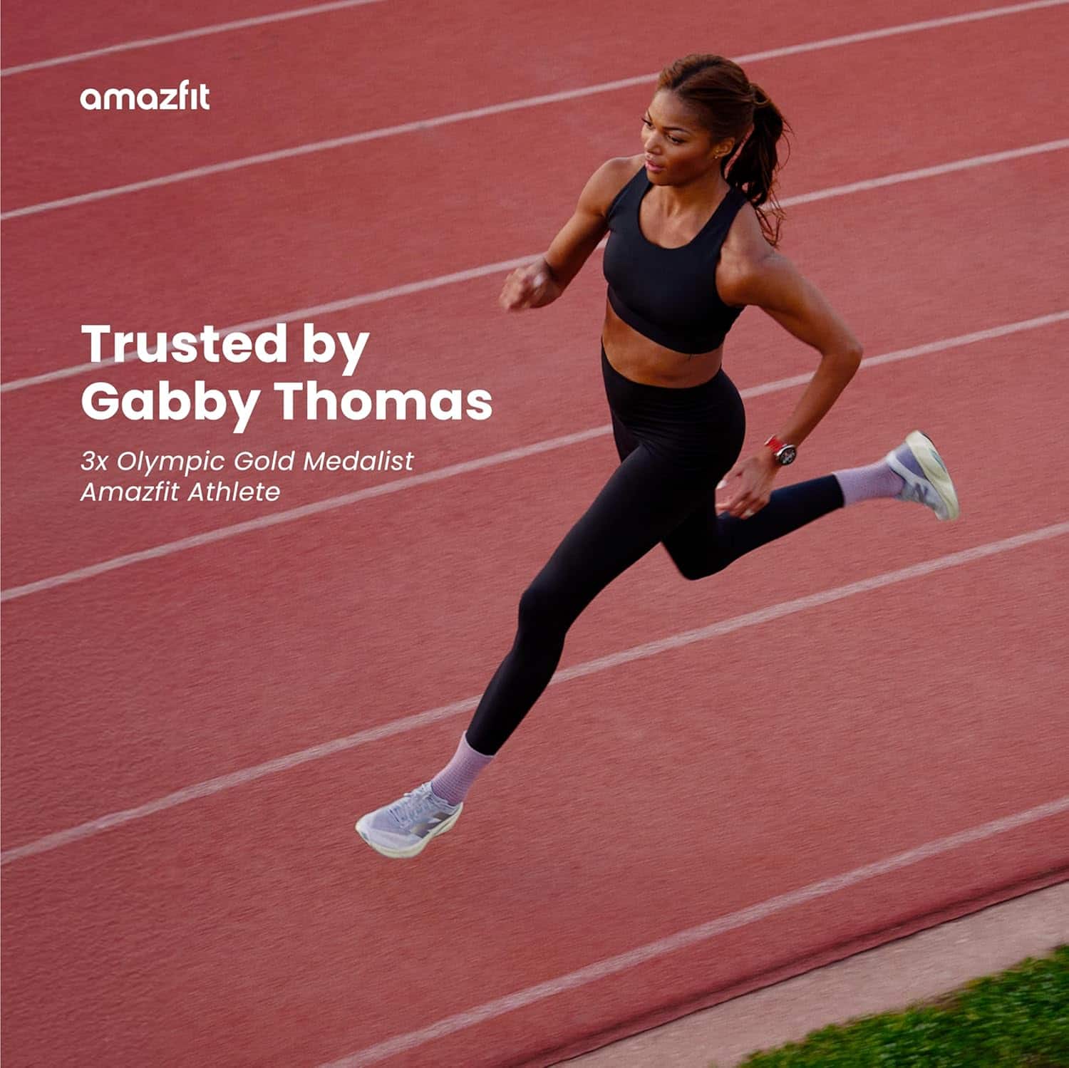 The text on the image is grouped and corrected as follows:
"Trusted by Gabby Thomas, 3x Olympic Gold Medalist, Amazfit Athlete."