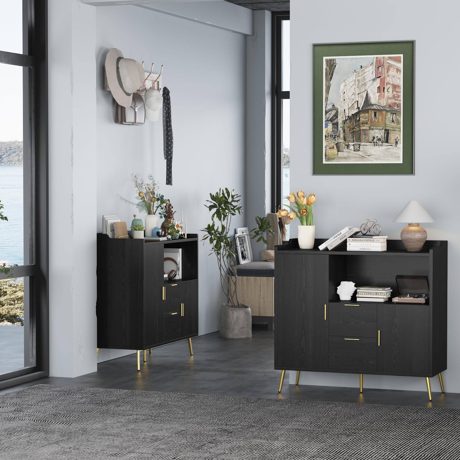 Left. Jojoka - 40" Sideboard Buffet Cabinet with Drawers, Shelves & Doors, Modern Coffee Bar Station - Black.