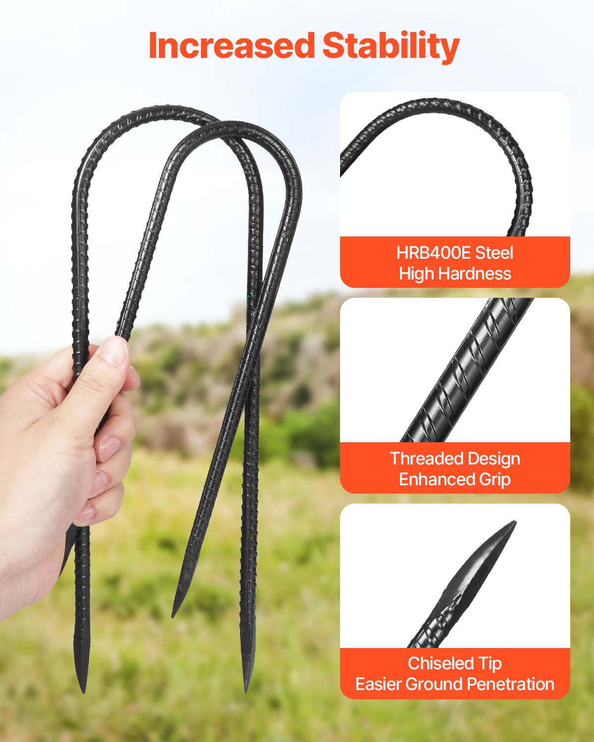 Increased Stability  
HRB400E Steel  
High Hardness  
Threaded Design  
Enhanced Grip  
Chiseled Tip  
Easier Ground Penetration