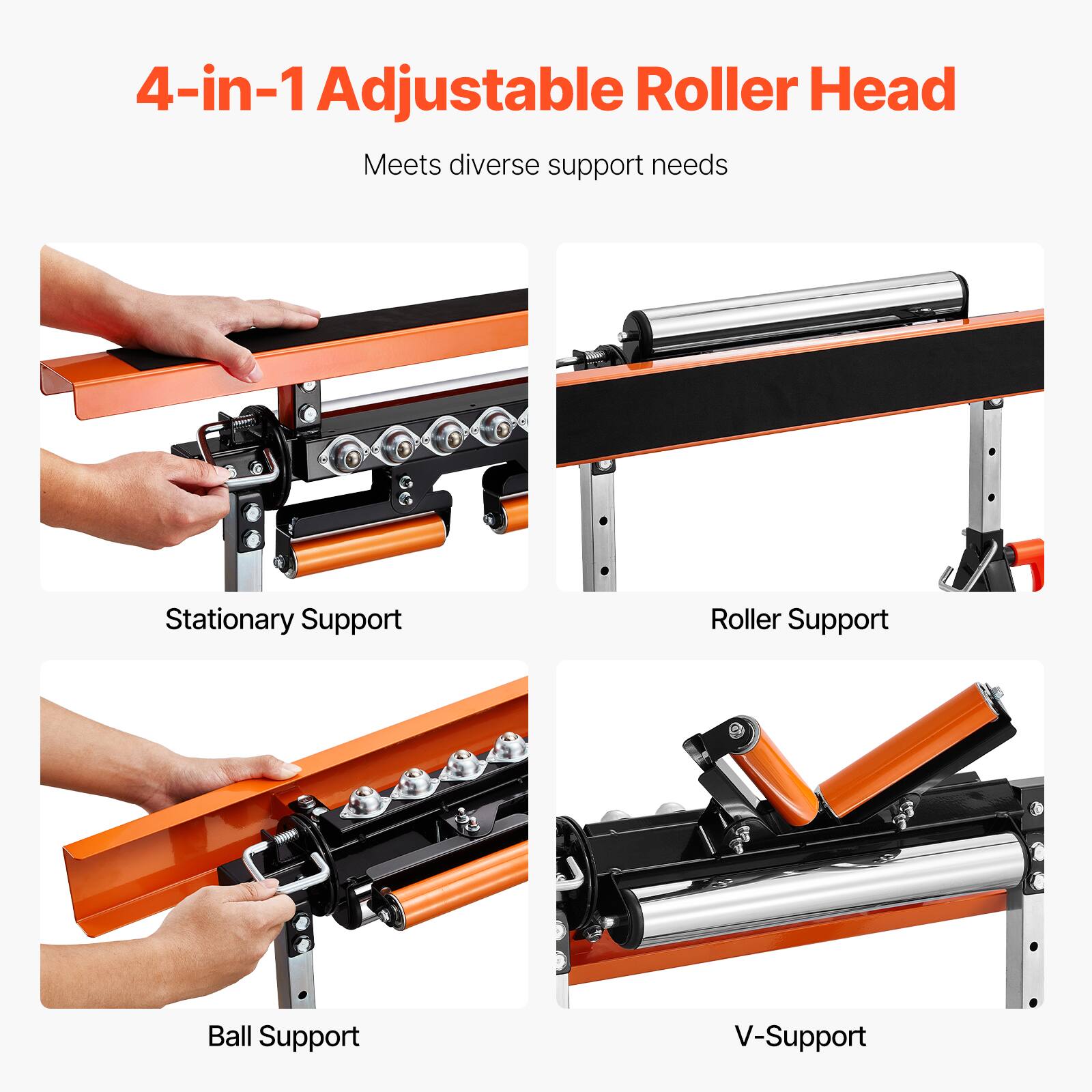 4-in-1 Adjustable Roller Head  
Meets diverse support needs  
- Stationary Support  
- Roller Support  
- Ball Support  
- V-Support
