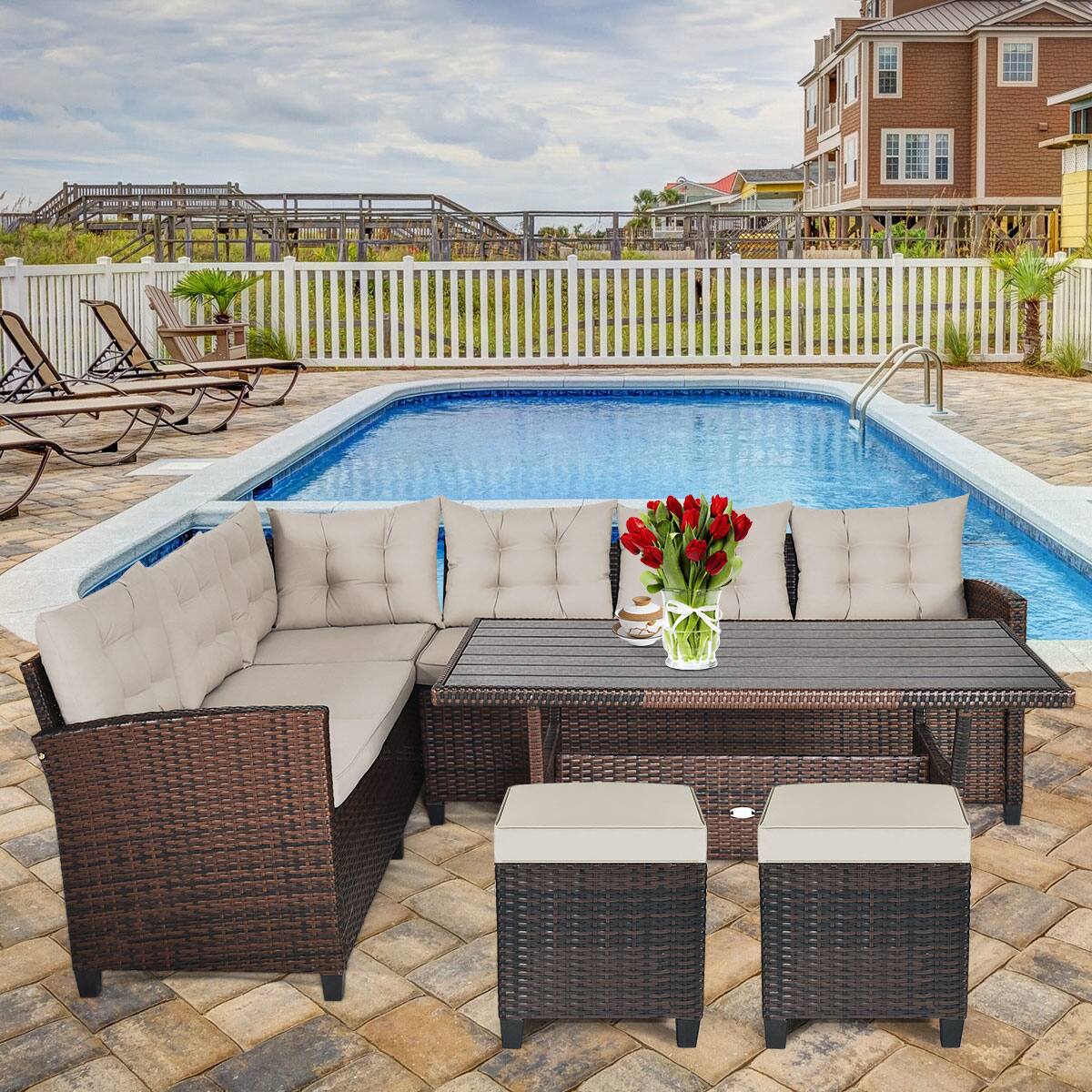 Alt View 3. Gymax - Gymax 4PCS Rattan Ottoman Outdoor Patio Furniture Cushioned Footstool Footrest - Blown.