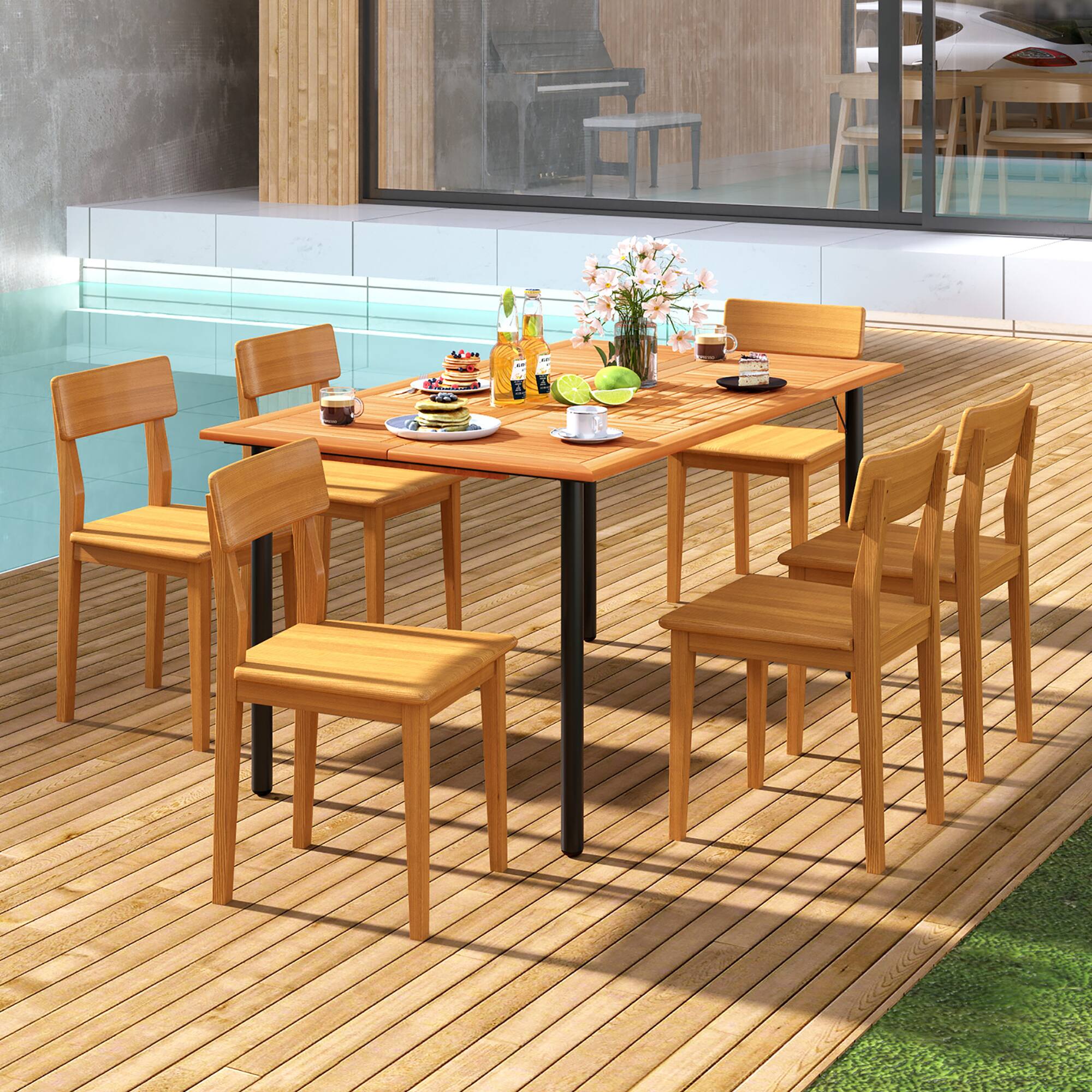 Alt View 8. Gymax - Gymax Rectangular Acacia Wood Dining Table w/ 1.9'' Umbrella Hole Patio Natural & Black - Natural, Black.