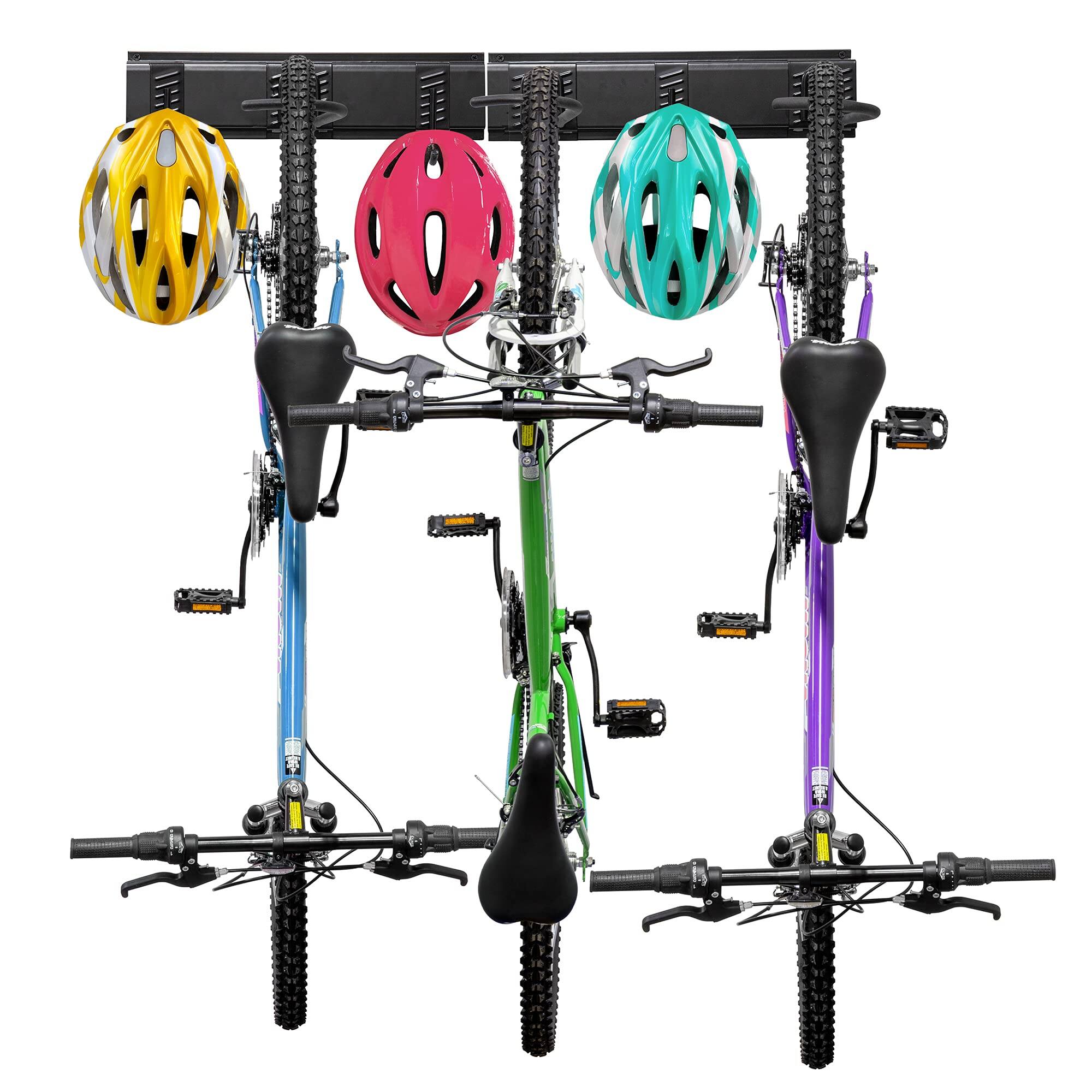 Front. RaxGo - Garage Bike Rack, Wall Mount Bike Hanger for 3 Bikes with 3 Adjustable Hooks for Helmets - Black.