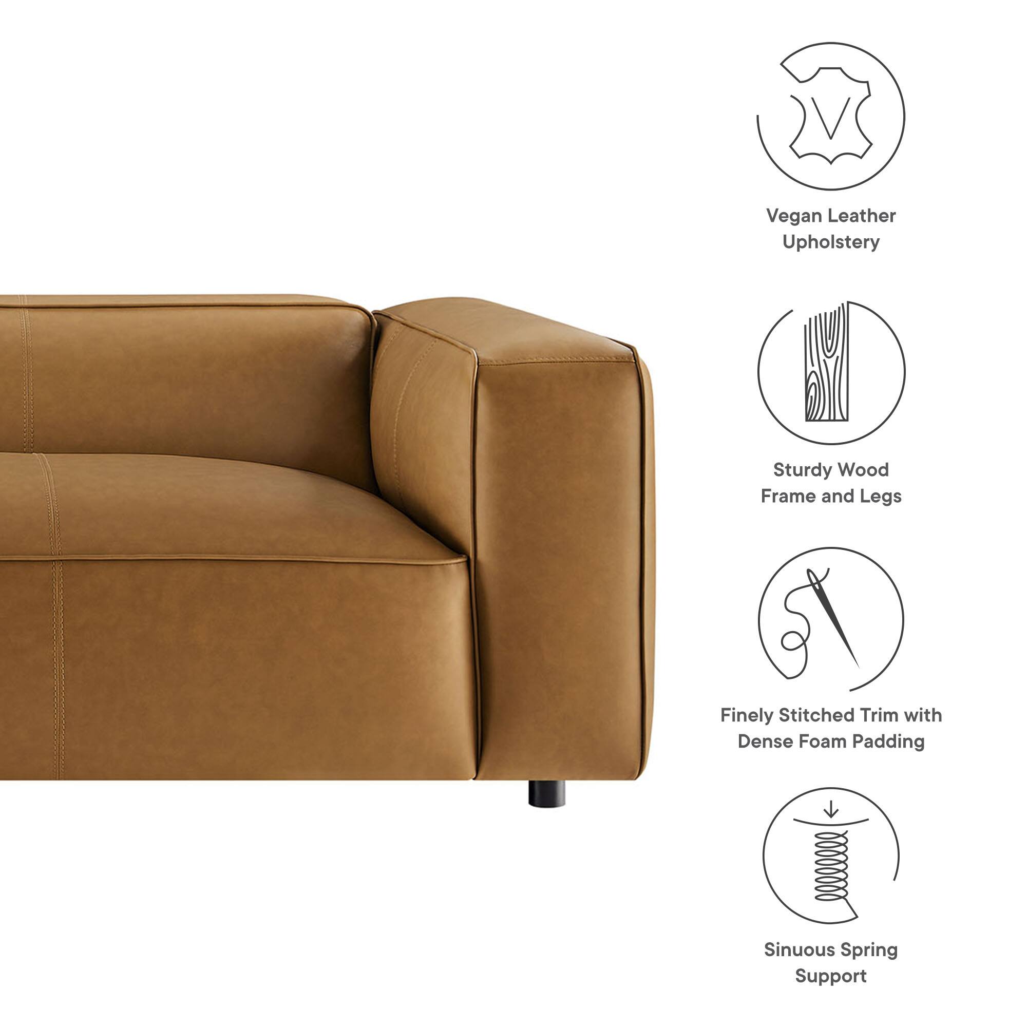 - Vegan Leather Upholstery
- Sturdy Wood Frame and Legs
- Finely Stitched Trim with Dense Foam Padding
- Sinuous Spring Support
