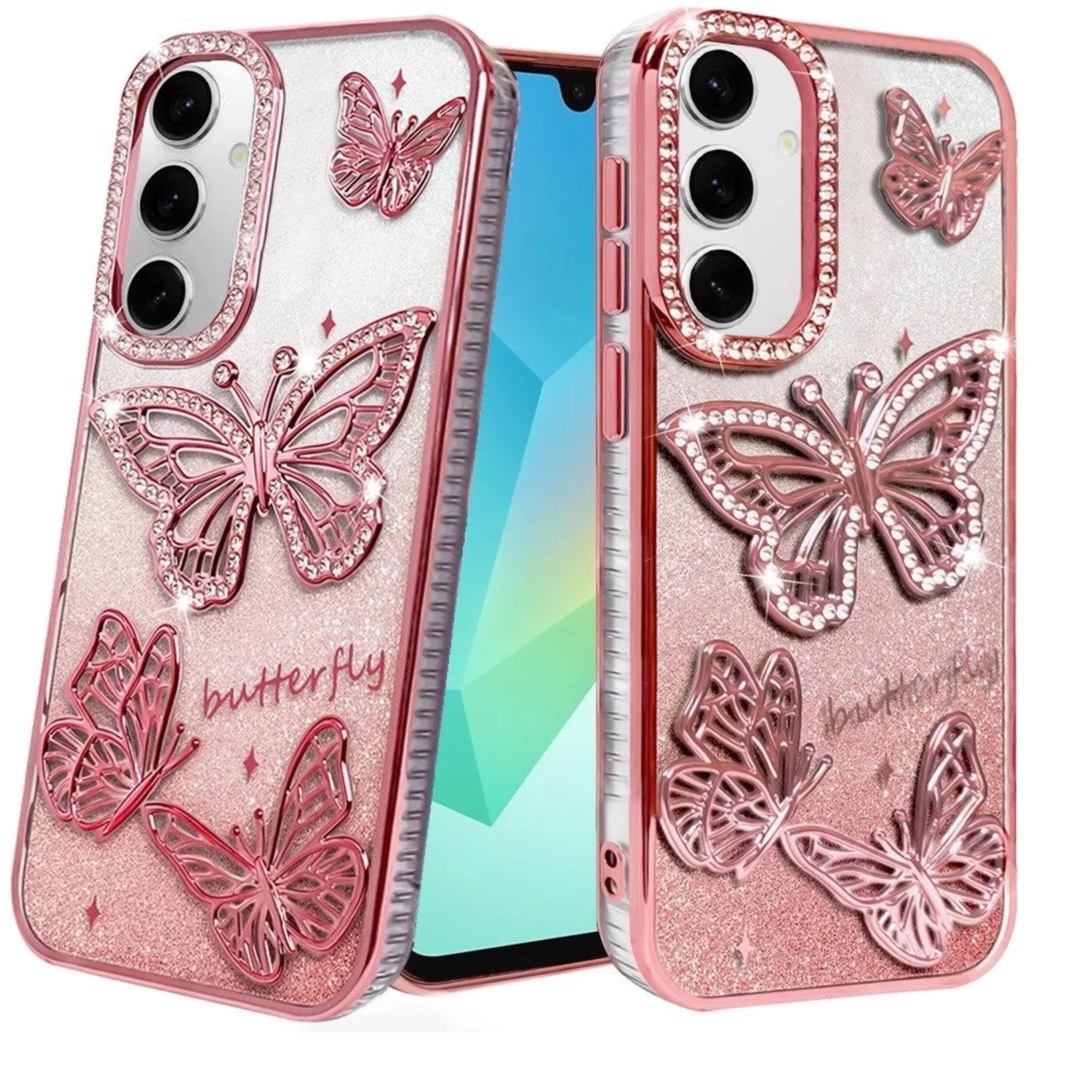 Angle. Kitcheniva - Bling Butterfly 3D Glitter Rhinestone Phone Case With Tempered Glass For Samsung Galaxy A16 5G Rose Gold - Rose Gold.