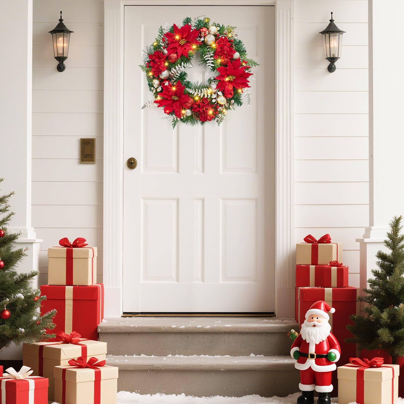 Back. Acekool - 24 Inch Christmas Wreath with Lights Pre-Lit Xmas Wreath for Front Door Windows Wall Mantel Decoration Red and Gold - Red.