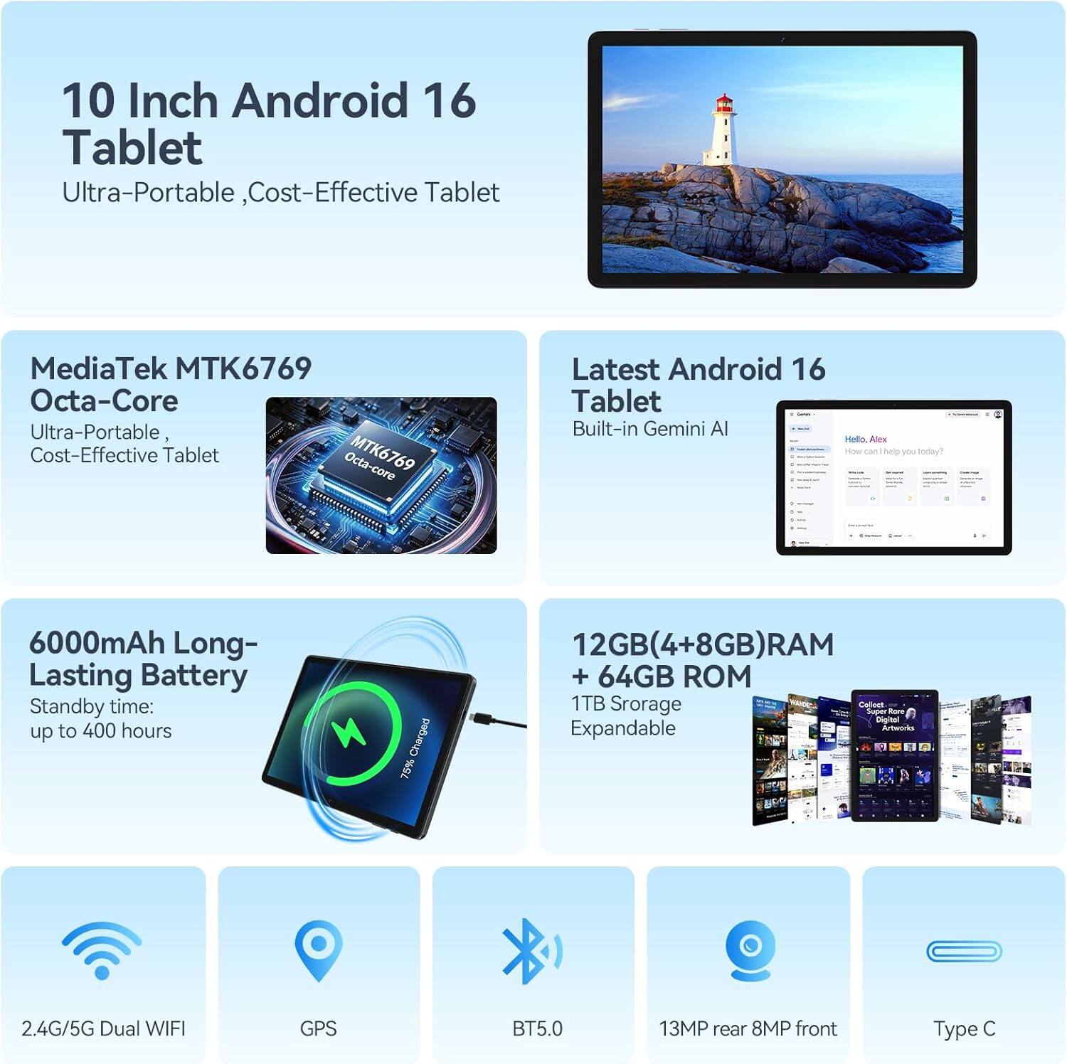 10 Inch Android 16 Tablet  
Ultra-Portable, Cost-Effective Tablet  
MediaTek MTK6769 Octa-Core  
Latest Android 16 Tablet Built-in Gemini AI  

6000mAh Long-Lasting Battery  
Standby time: up to 400 hours  

12GB(4+8GB)RAM + 64GB ROM  
1TB Storage Expandable  

2.4G/5G Dual WIFI  
GPS  
BT5.0  
13MP rear 8MP front  
Type C