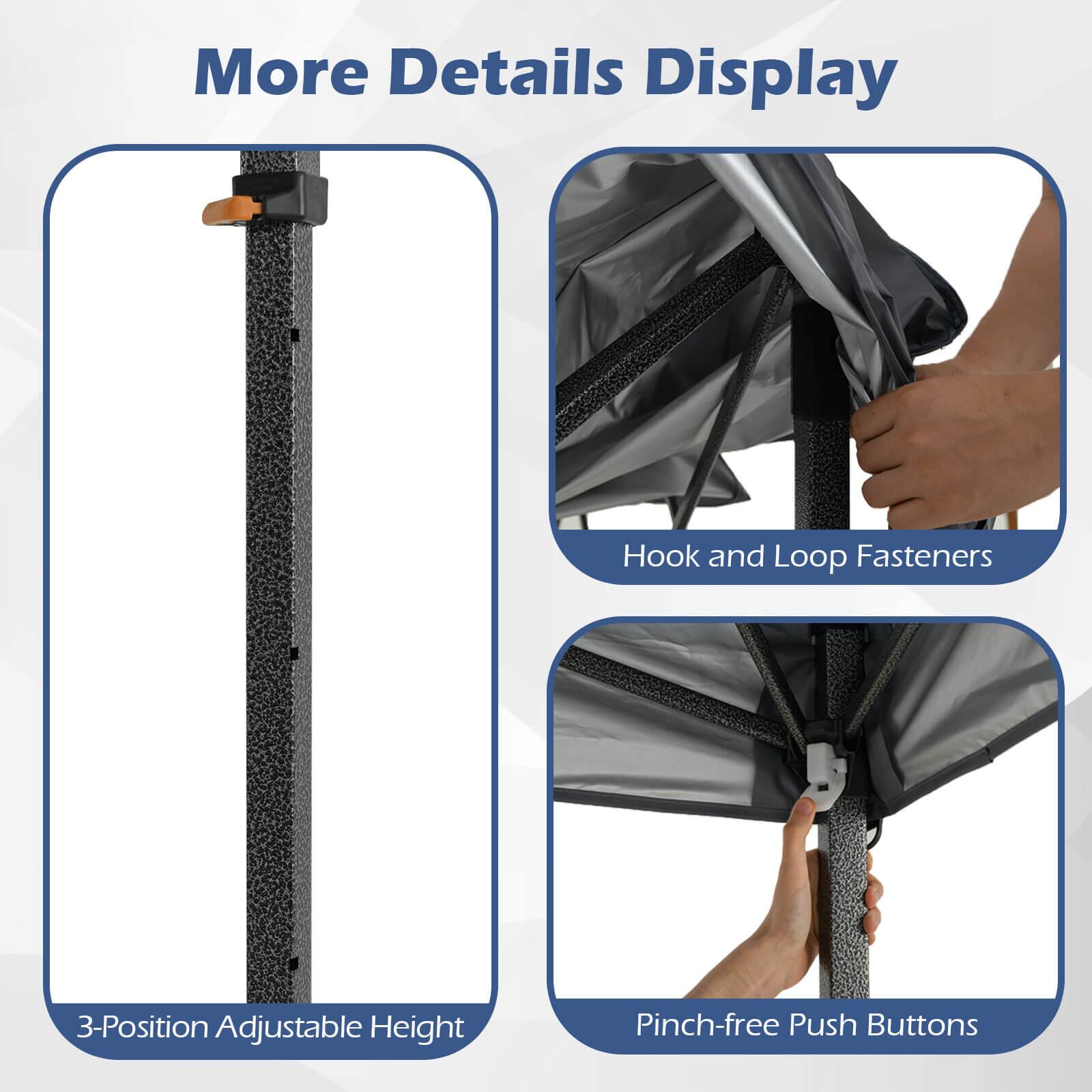 More Details Display

- 3-Position Adjustable Height
- Hook and Loop Fasteners
- Pinch-free Push Buttons