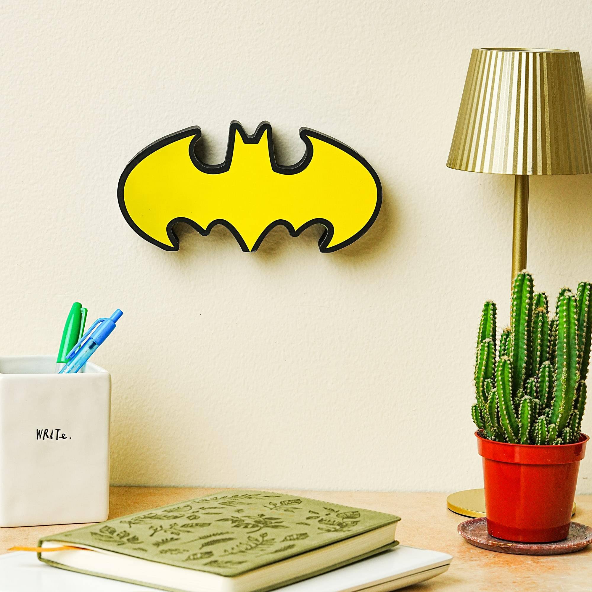 Alt View 3. DC Universe - DC Comics Batman Emblem Die-Cut Wooden Wall Art Sign | 4 x 8 Inches - Yellow.