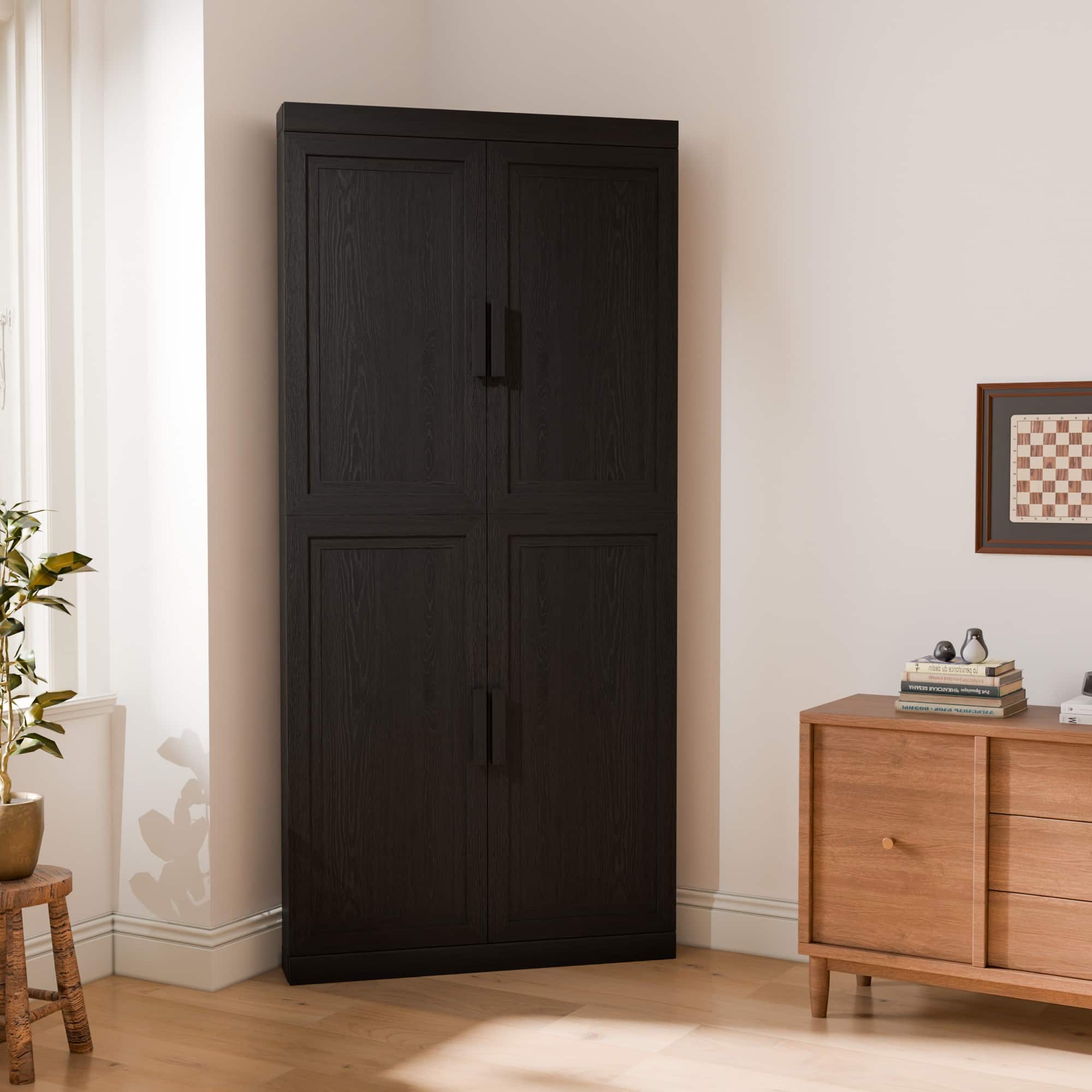 PexFix - 67" Farmhouse Corner Accent Storage Cabinet with Solid Wood Doors and Adjustable Shelves for Space-Saving - Black