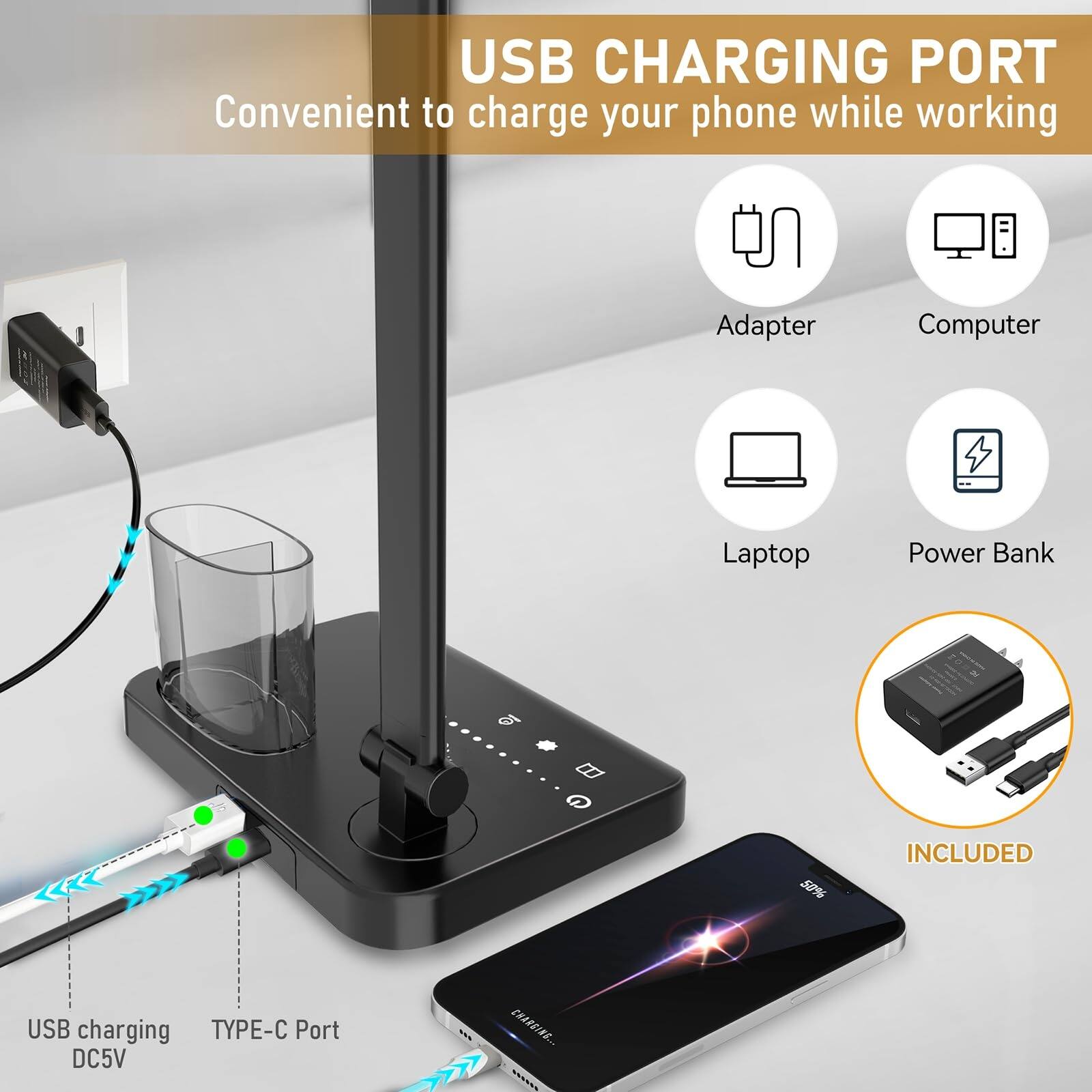 USB CHARGING PORT  
Convenient to charge your phone while working  

Adapter  
Computer  
Laptop  
Power Bank  

USB charging TYPE-C Port DC5V  

INCLUDED  

HARSINS