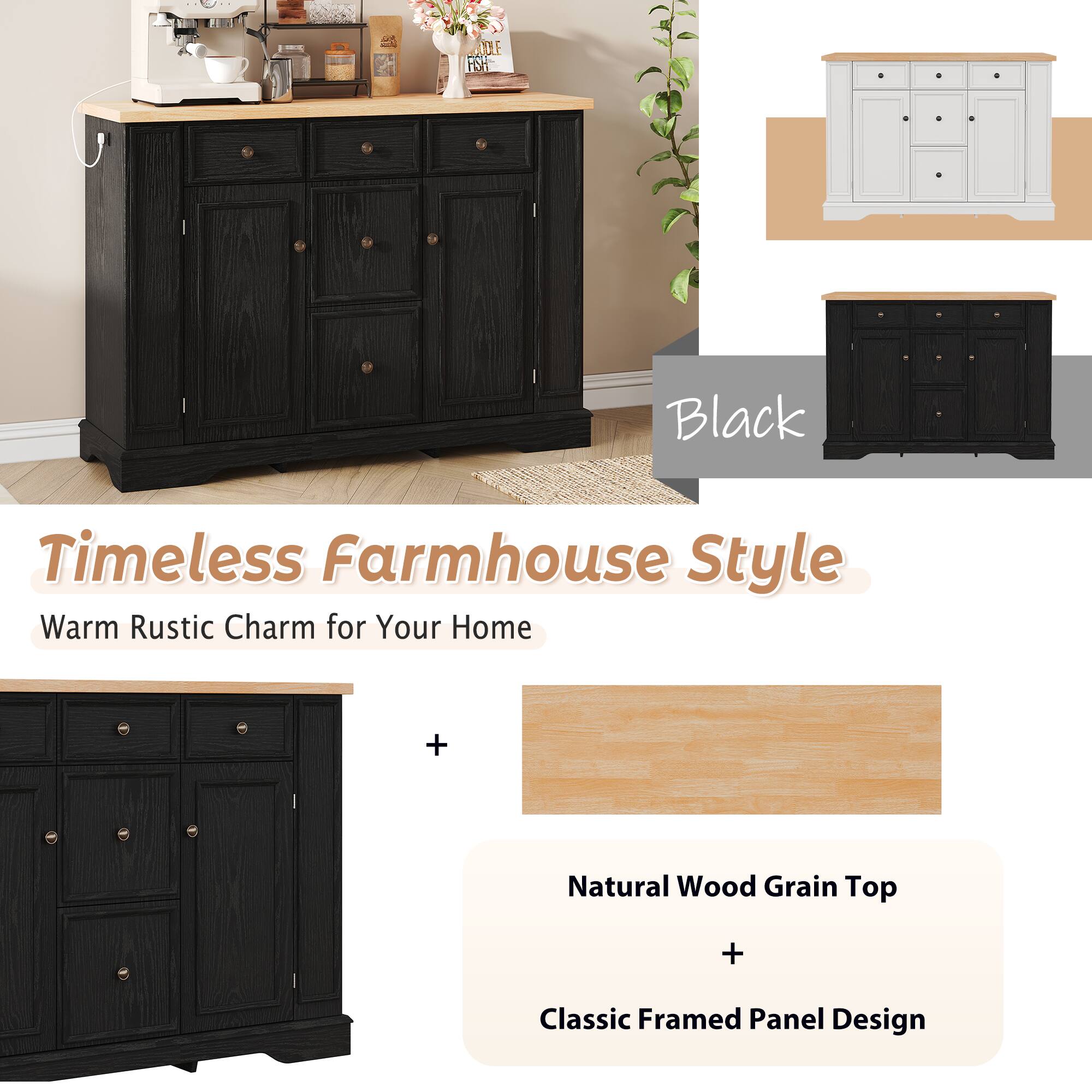 4 a E HSH Black Timeless Farmhouse Style Warm Rustic Charm for Your Home + Natural Wood Grain Top + Classic Framed Panel Design