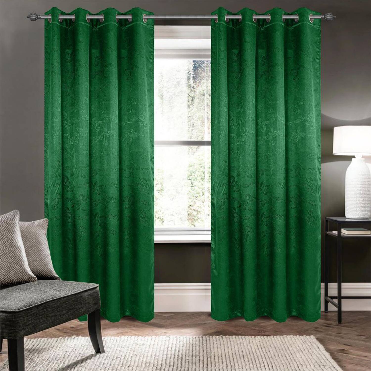 Angle. Olivia Gray - Olivia Gray 100% Polyester 200 GSM Arlo Embossed Blackout Grommet Curtain Panel 54" x 90" Hunter Green - hunter.