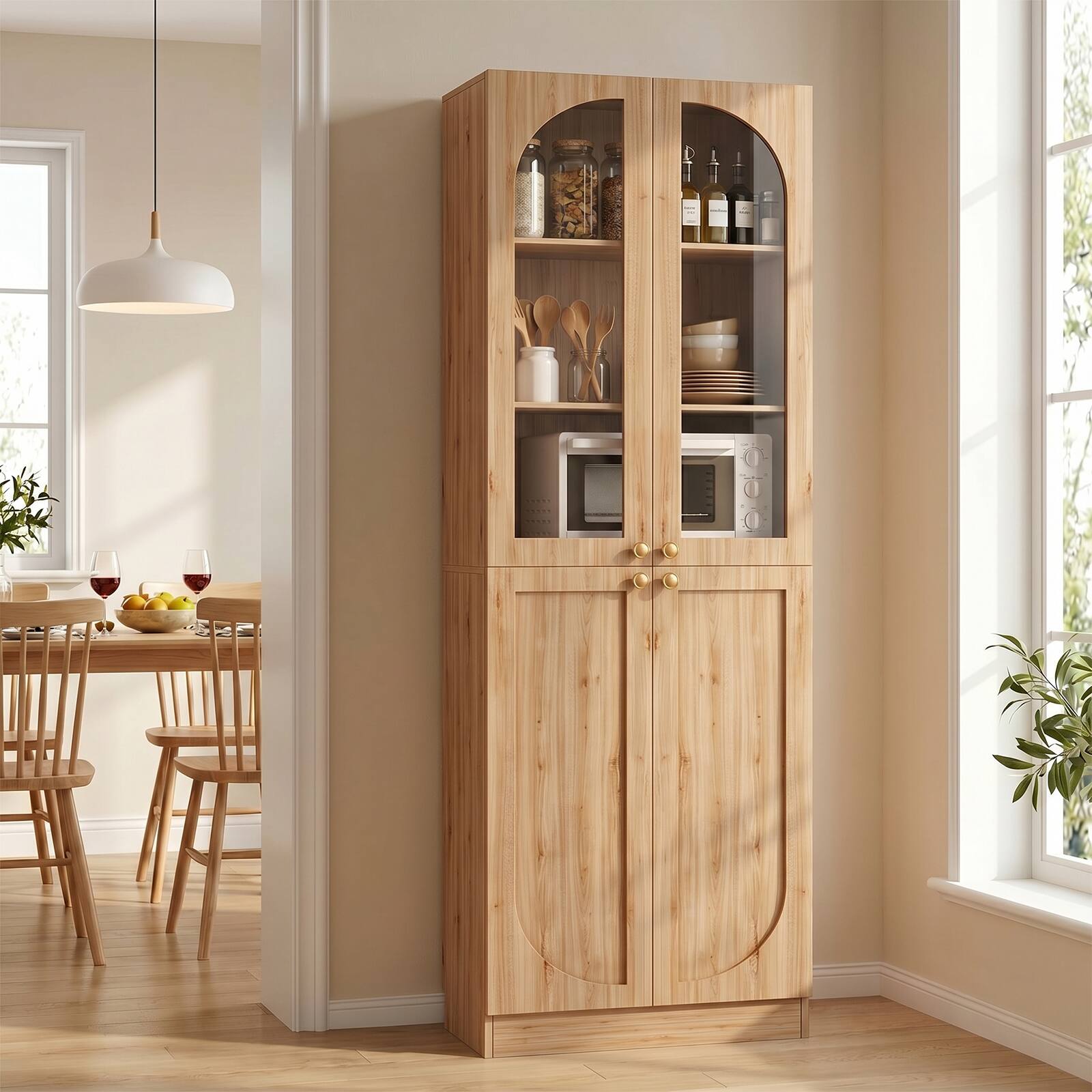 Alt View 1. Aheaplus - 80'' Tall Bathroom Storage Cabinet, 6-Tier Linen Cabinet with Glass Doors and Adjustable Shelves - Nature Oak.