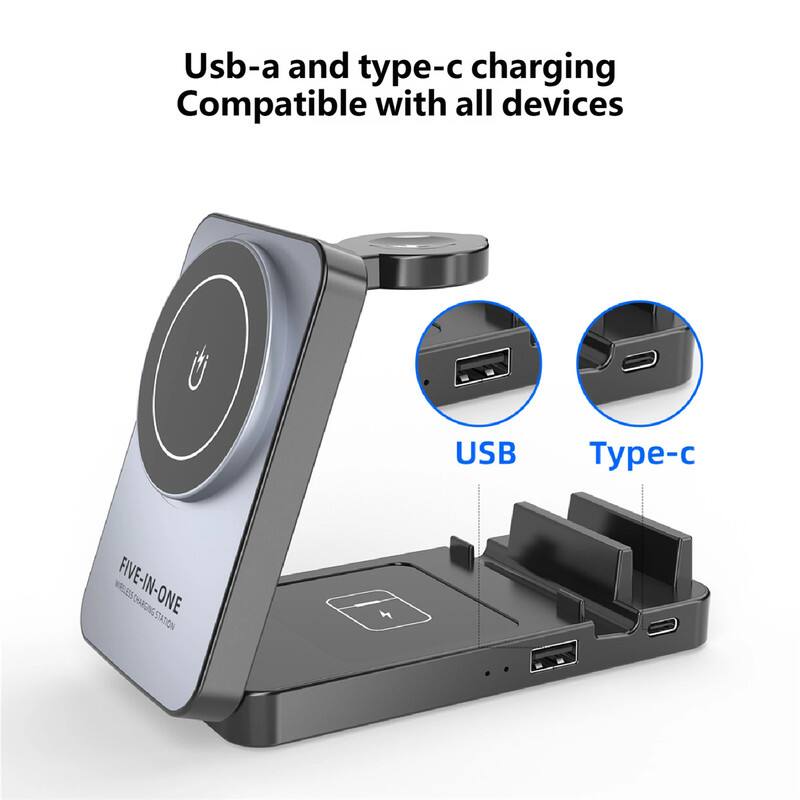 Usb-a and type-c charging  
Compatible with all devices  

USB  
Type-c  

FIVE-IN-ONE  
WIRELESS CHARGING STATION