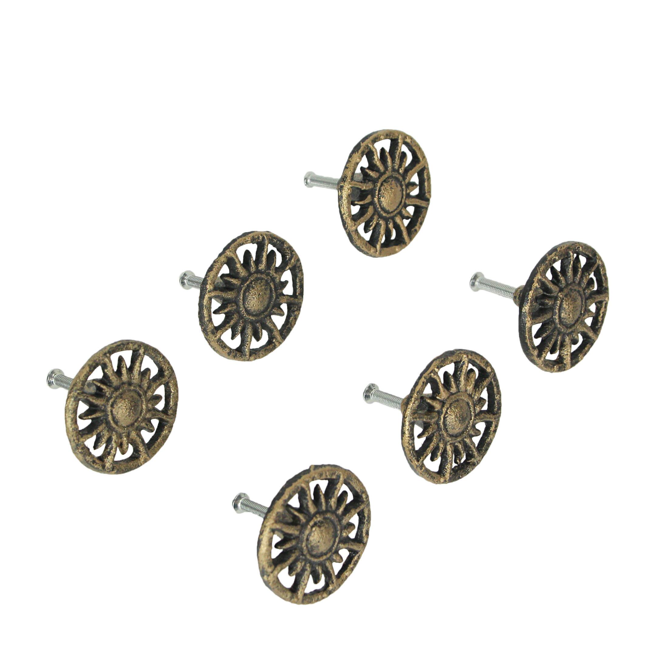 Front. Zeckos - Set of 6 Antique Golden Sun Cast Iron Drawer Pulls Cabinet Knob Home Decor - Gold.