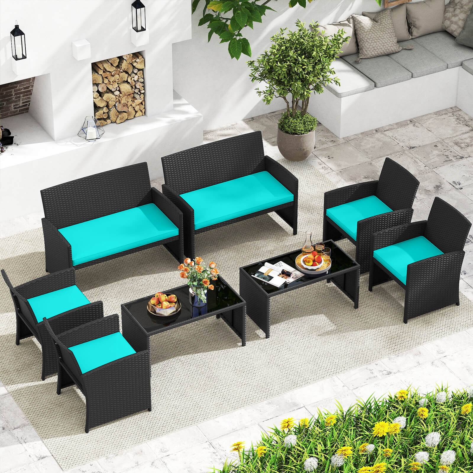 Alt View 1. Costway - Costway 8 PCS Patio Conversation Set with Seat Cushions & Tempered Glass Tabletop, Porch - Turquoise,Black.