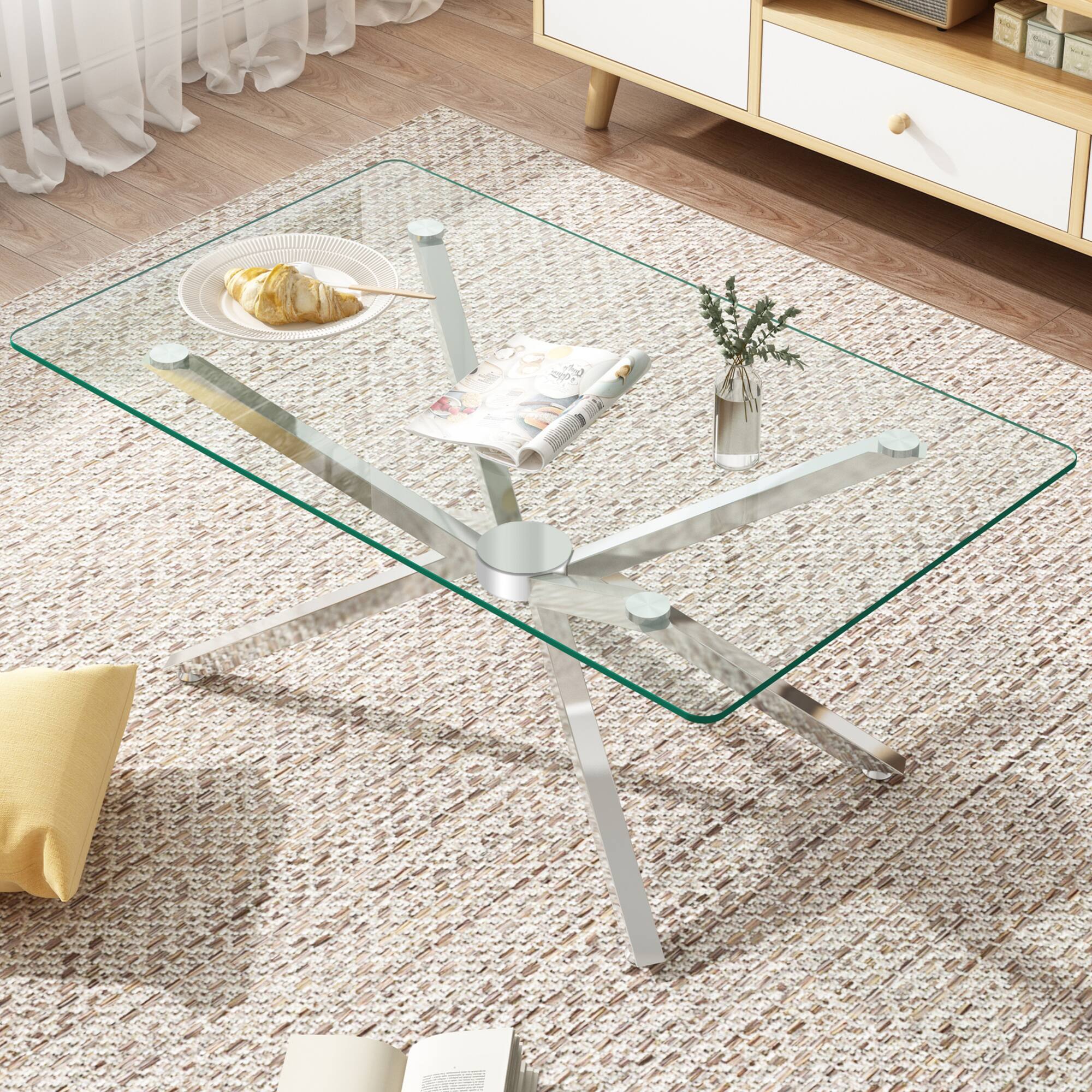 Alt View 6. Ecooso - 39.37" Rectangular Clear Tempered Glass Coffee Table,Stylish Design with silver Metal Legs, Coffee Table for Living Room - Silver.