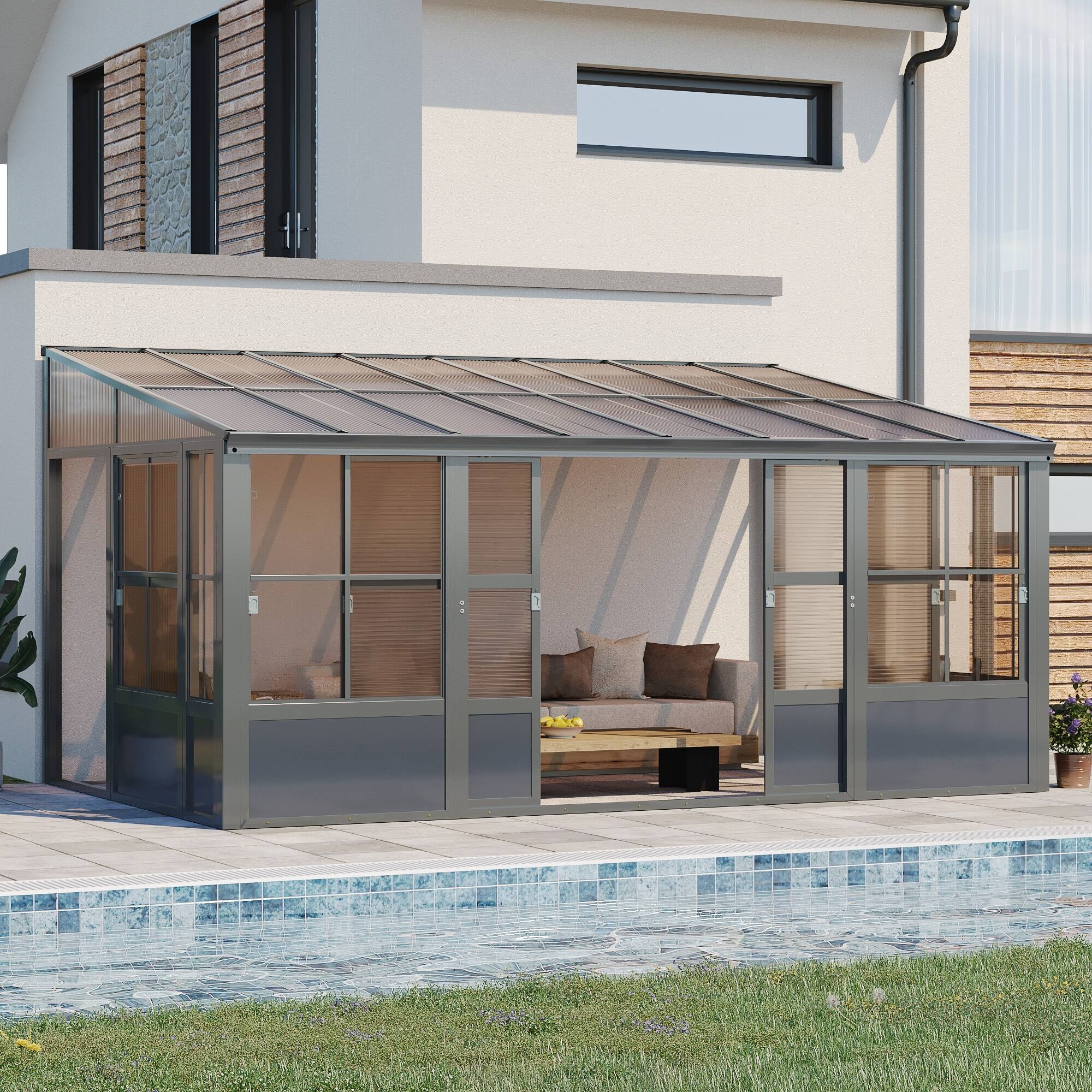 Angle. U-HOMY - 10' x 16' Wall Mounted Sunroom with Sliding Door & Gutter, All-Season Aluminum Gazebo Solarium for Patio - Modern Grey.