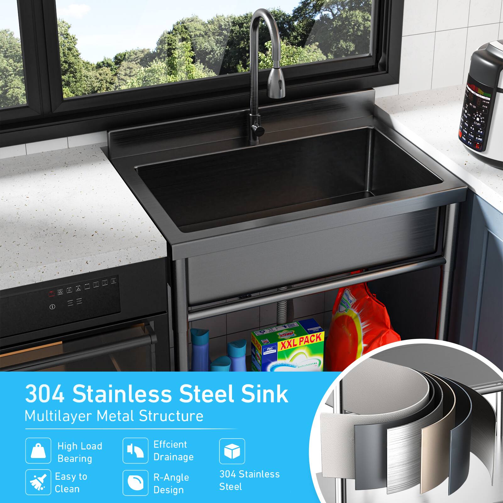 - Se XXL PACK - | - - | 304 Stainless Steel Sink Multilayer Metal Structure High Load Bearing Easy to Clean Efficient Drainage R-Angle Design 304 Stainless Steel