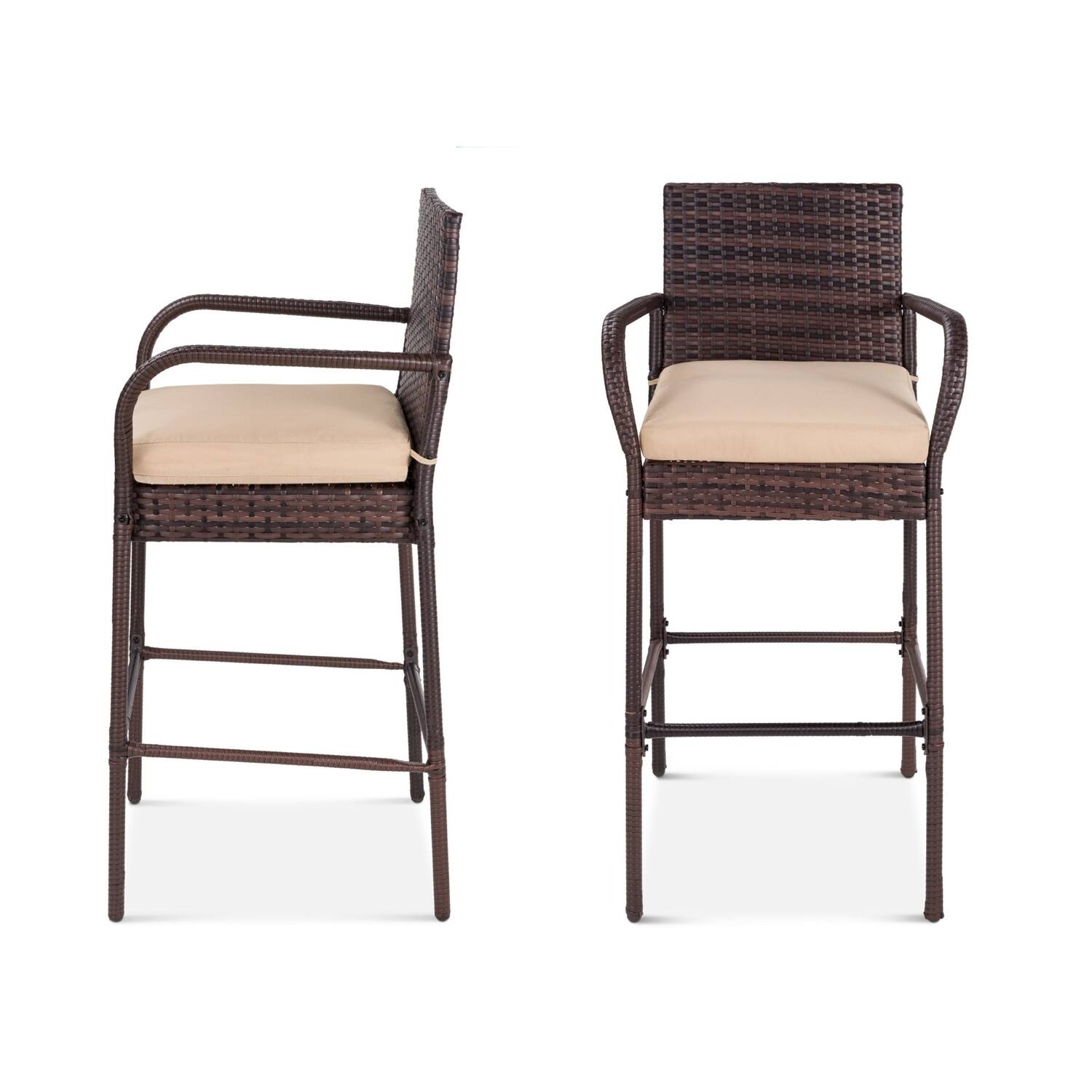 Angle. Hivvago - Set of 2 Brown Indoor/Outdoor Wicker Bar Stools w/ 2 Tan Cushions - Brown.