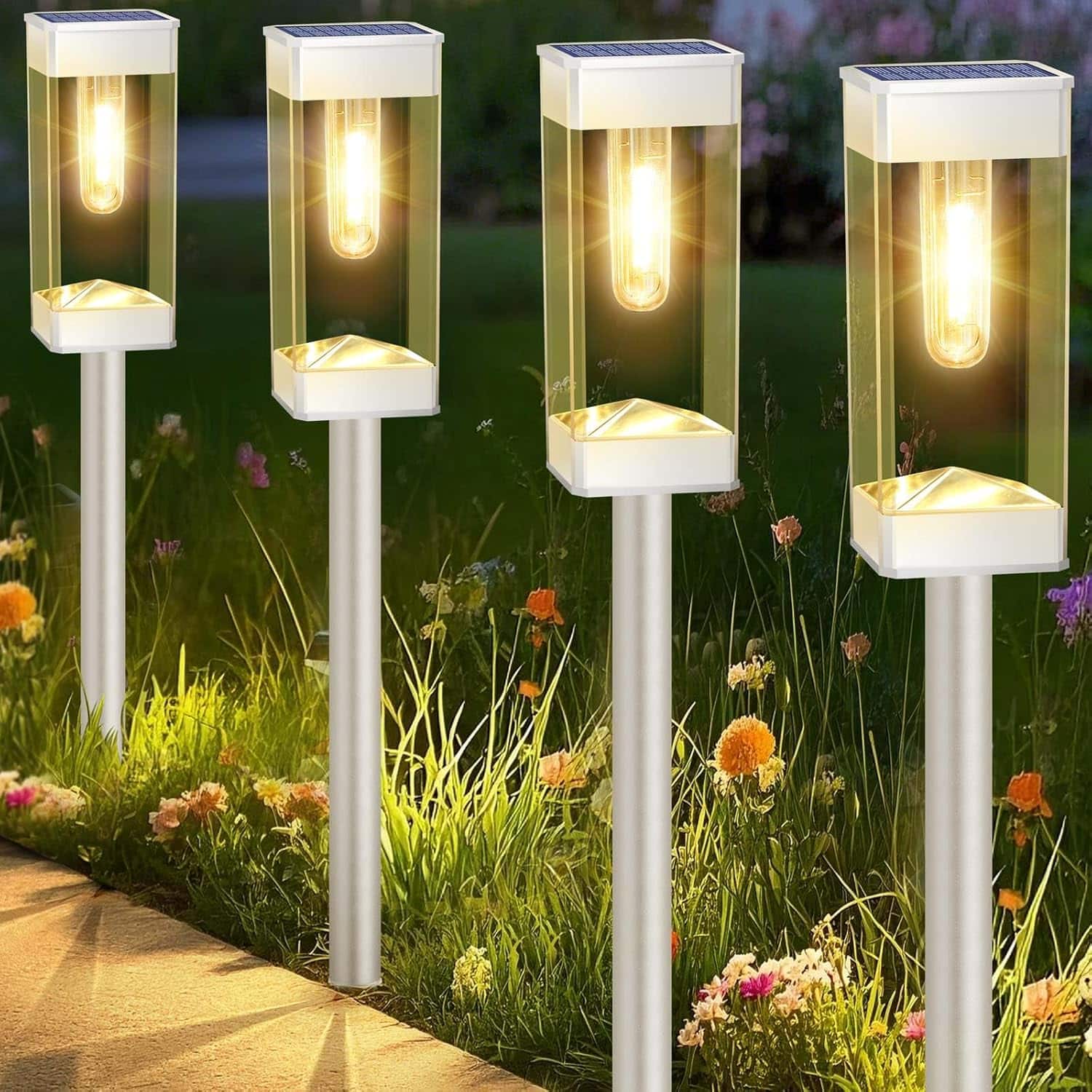RTMB - 8-piece Solar Pathway Lights with LED Tungsten Filament Bulb, waterproof - White 8 PACK