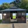PURPLE LEAF - Sunroom Outdoor Hardtop Gazebo Gray Aluminum Frame Galvanized Steel Double Roof All-Weather Screen House - 12' X 14'