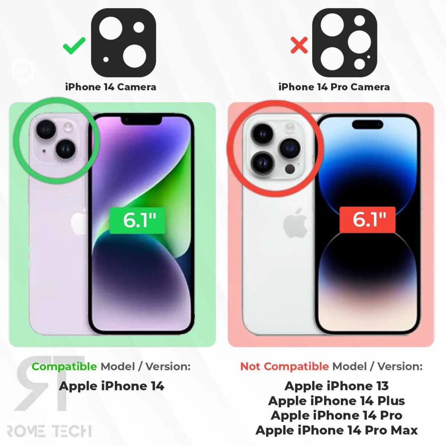iPhone 14 Camera  
6.1"  
Compatible Model / Version: Apple iPhone 14  

iPhone 14 Pro Camera  
6.1"  
Not Compatible Model / Version: Apple iPhone 13, Apple iPhone 14 Plus, Apple iPhone 14 Pro, Apple iPhone 14 Pro Max