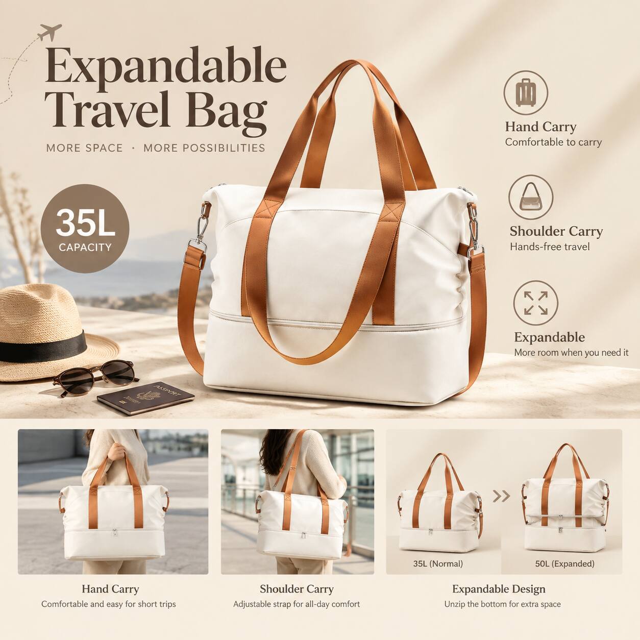 Expandable Travel Bag  
MORE SPACE • MORE POSSIBILITIES

35L CAPACITY

Hand Carry  
Comfortable to carry

Shoulder Carry  
Hands-free travel

Expandable  
More room when you need it

Hand Carry  
Comfortable and easy for short trips

Shoulder Carry  
Adjustable strap for all-day comfort

Expandable Design  
Unzip the bottom for extra space

35L (Normal)  
50L (Expanded)