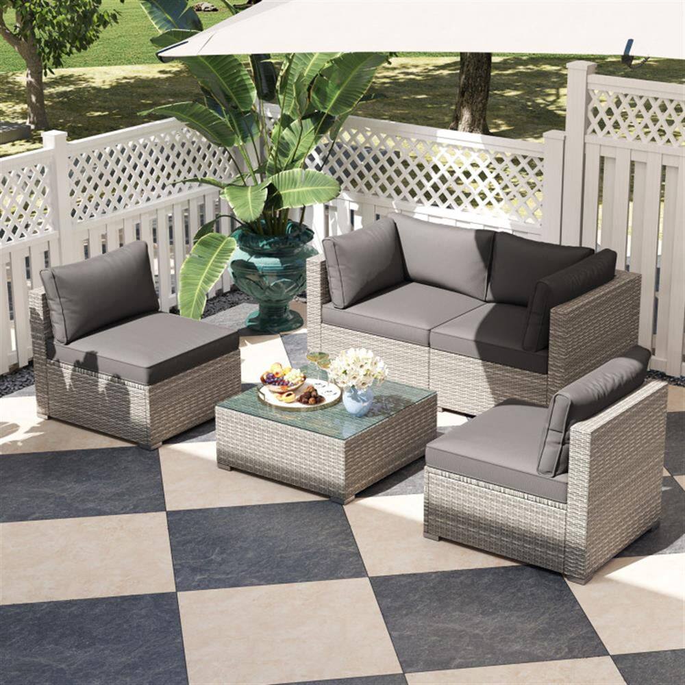 Back. Kadyn - Patio Furniture Sets,Outdoor Patio Furniture Sets,5-Pc Outdoor Patio Sectional Sofa Couch and Glass Coffee Table - Gray.