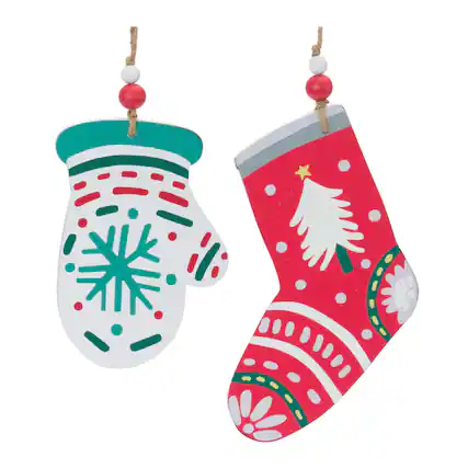 Front. BreeBe - Wood Mitten and Stocking Ornaments (Set of 12) - Green, Red, White.