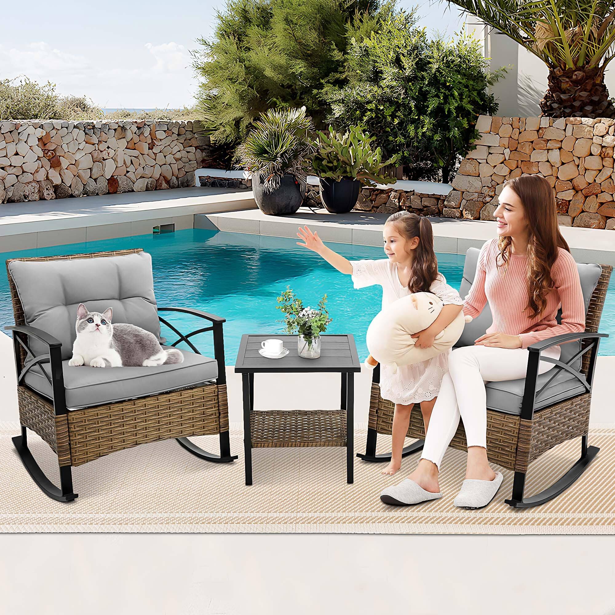 Alt View 7. Ecooso - 3-Piece Rocking Rattan Outdoor Leisure Chair Set - Grey.