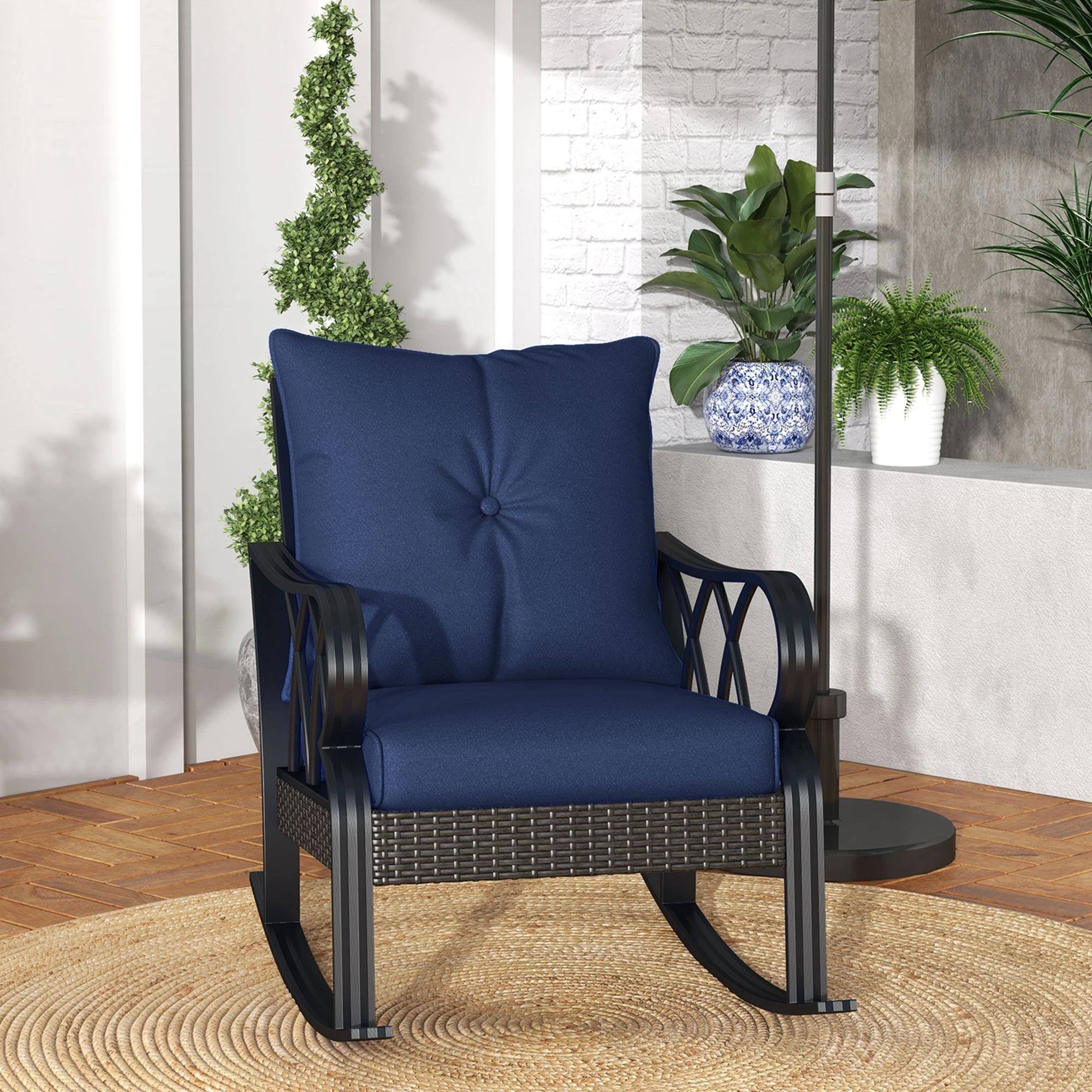 Alt View 7. Resenkos - Resenkos Wicker Rocking Chair with Padded Cushions, Aluminum Rattan Porch Chair, Armrest, Navy Blue, Navy Blue - Navy Blue.