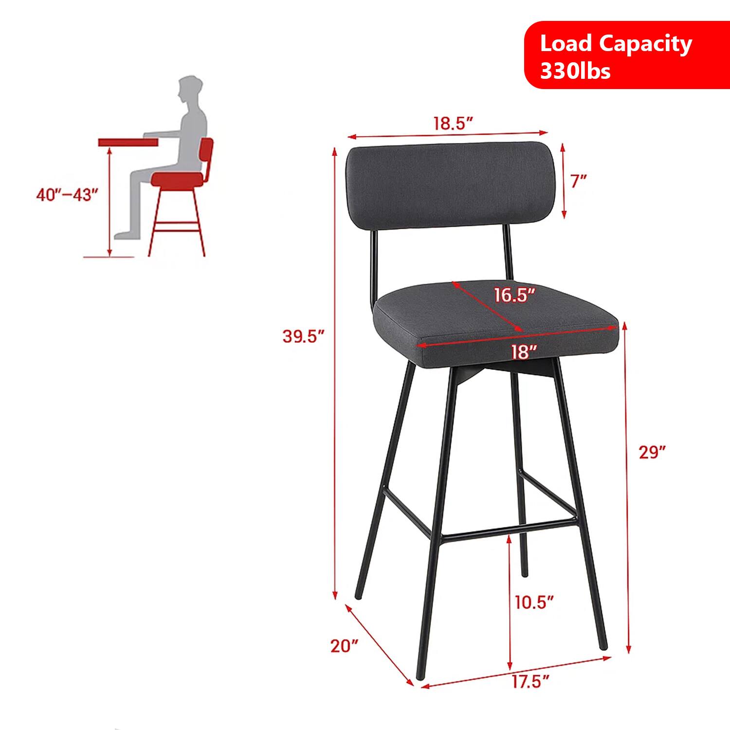 Load Capacity: 330lbs  
18.5"  
40"-43"  
7"  
16.5"  
39.5"  
18"  
29"  
10.5"  
20"  
17.5"