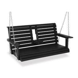 Fortune Candy - Poly Lumber 2-Seat Porch Swing, HIPS 4.5-Feet Bench Swing with Foldable Cup Holders for Porch, Patio and Garden - Carbon Black