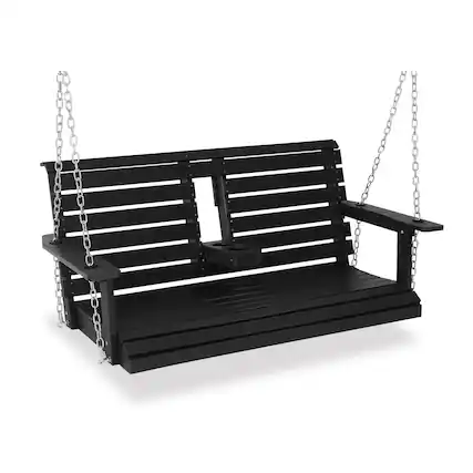 Front. Fortune Candy - Poly Lumber 2-Seat Porch Swing, HIPS 4.5-Feet Bench Swing with Foldable Cup Holders for Porch, Patio and Garden - Carbon Black.