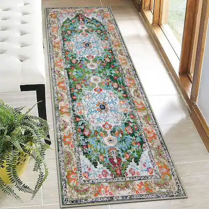 Front. FINEAK - Boho 2'x6' Washable Non-Slip Hallway Runner Rug - Green.