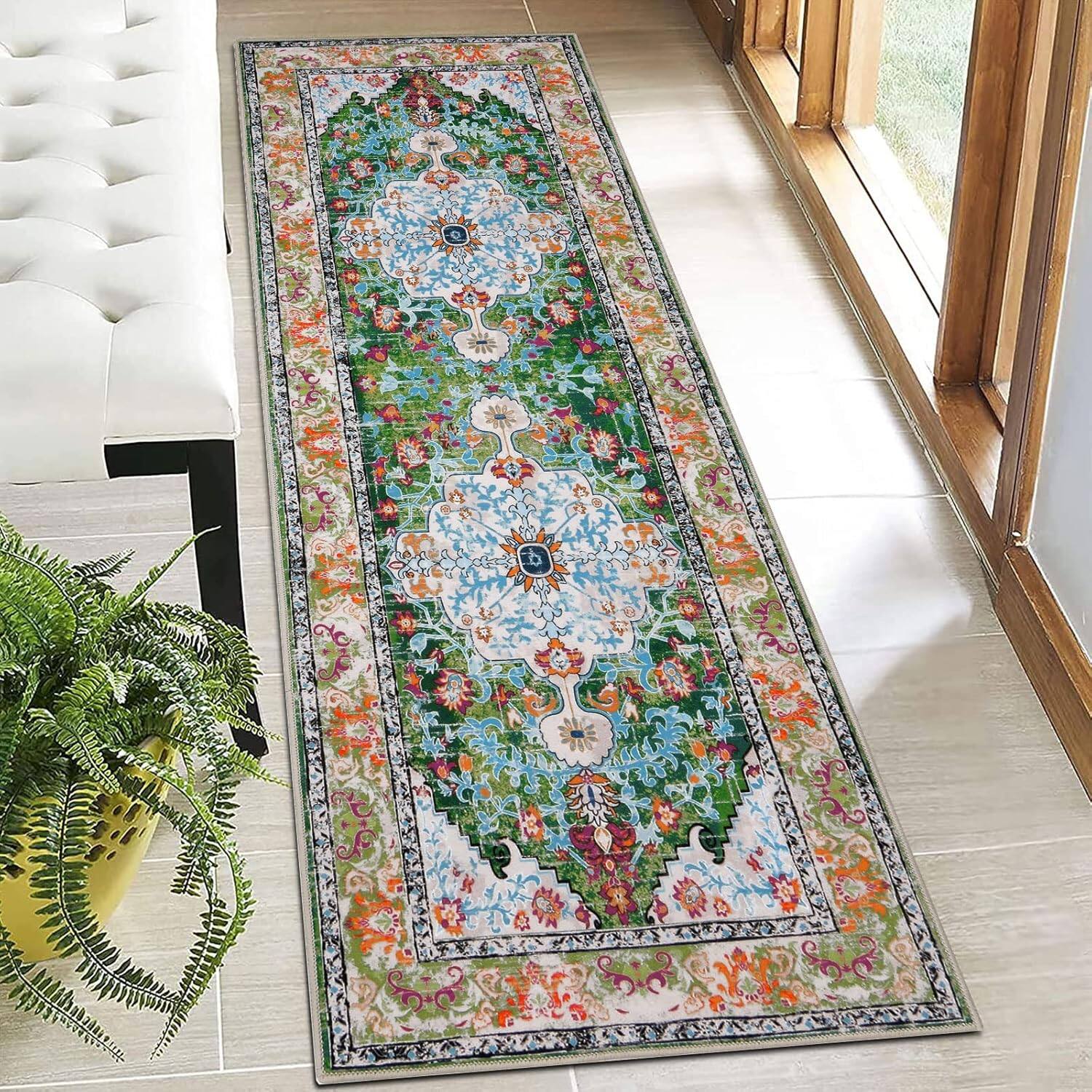 Front. FINEAK - Boho 2'x6' Washable Non-Slip Hallway Runner Rug - Green.