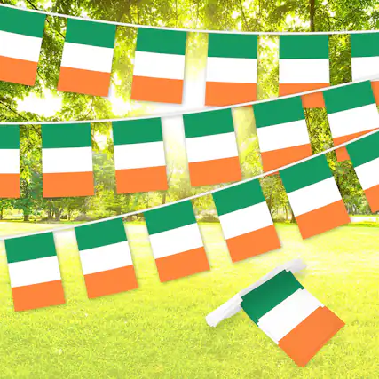 Front. G128 - Ireland Flag Bunting Banner — 33 ft String with 38 Mini Flags (8.2 x 5.5 in, 150D Polyester). - Assorted Colors.