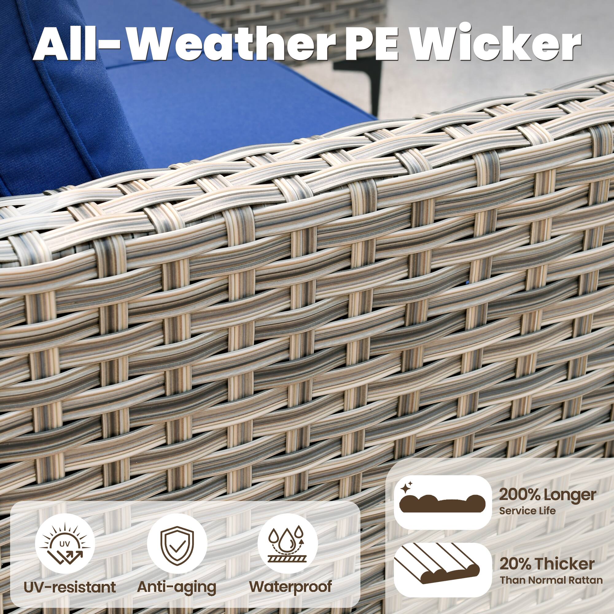 All-Weather PE Wicker

- UV-resistant
- Anti-aging
- Waterproof
- 200% Longer Service Life
- 20% Thicker Than Normal Rattan